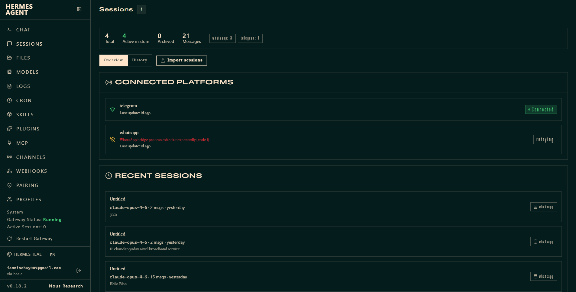 The deployed agent dashboard, Channels screen