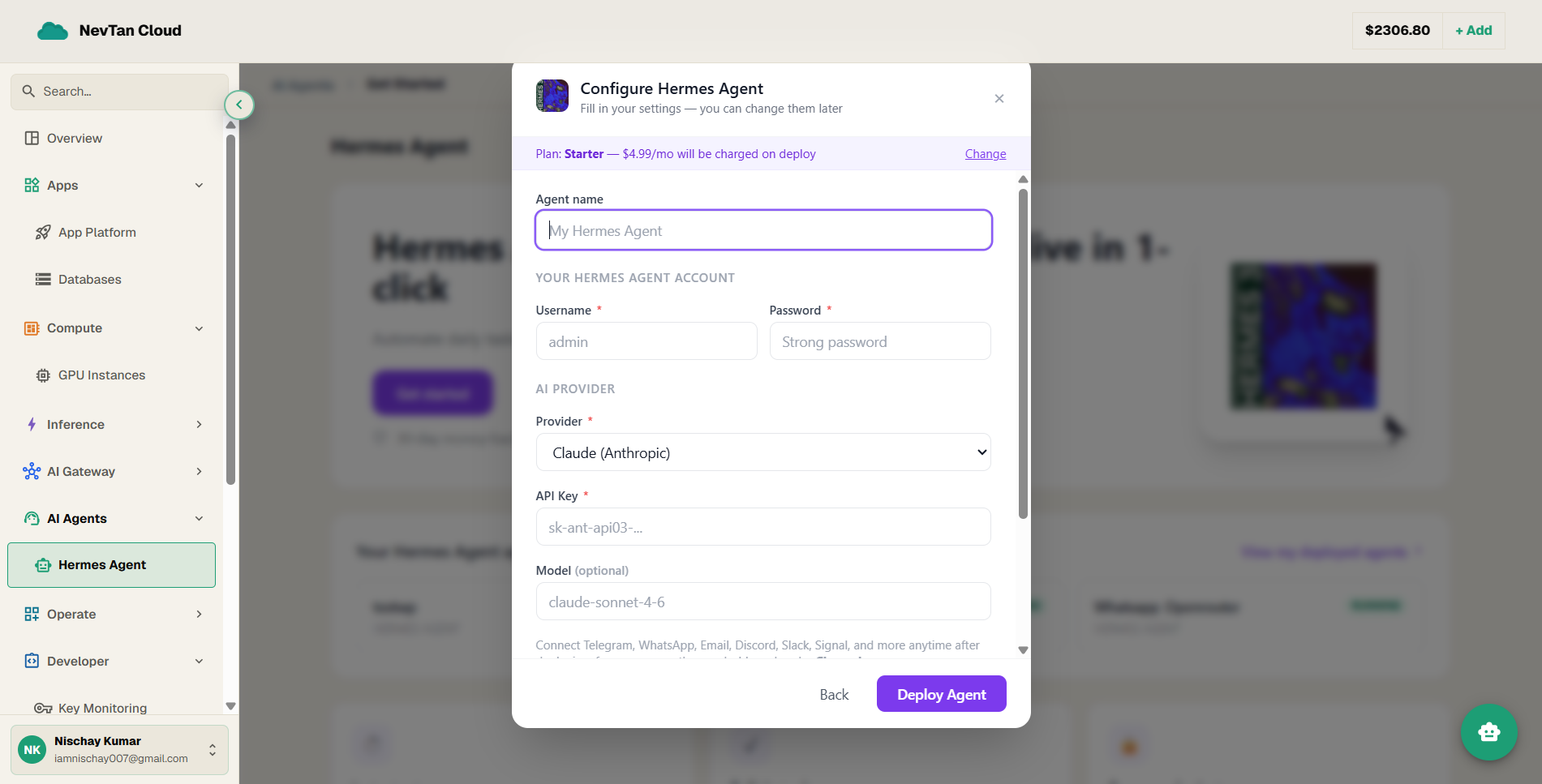 The deploy dialog configure step with admin account, AI provider, and settings fields
