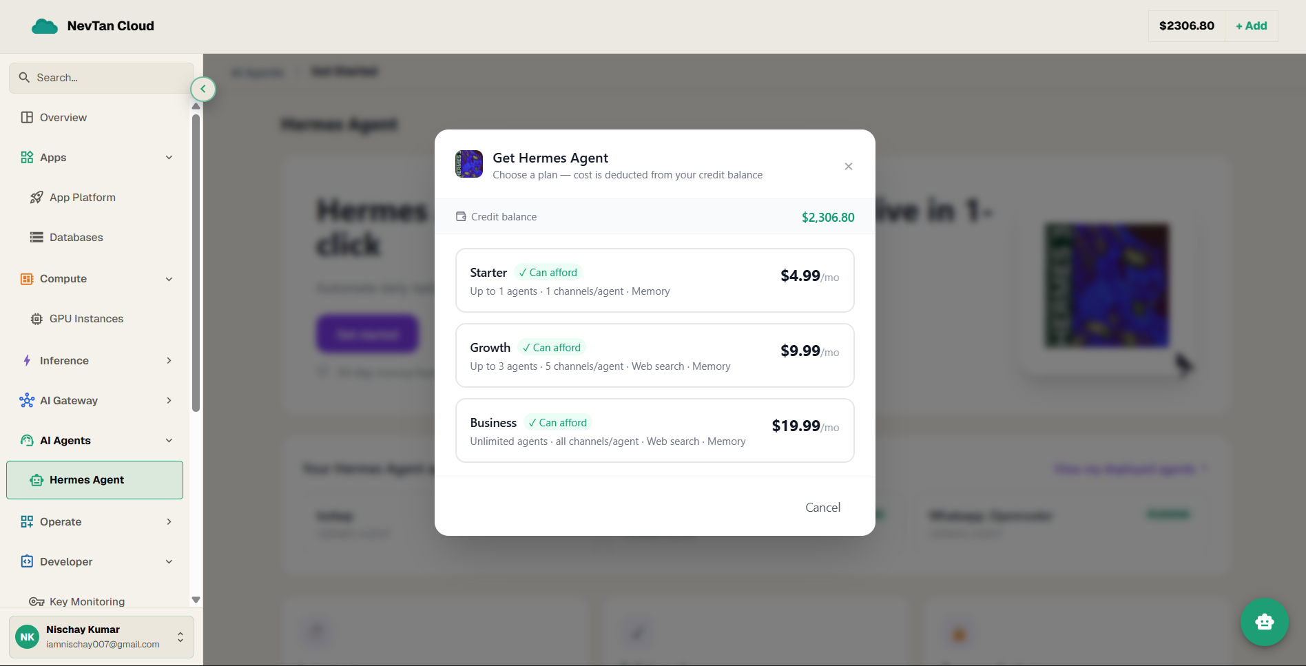 The deploy dialog on the plan-selection step with Starter, Growth, and Business cards