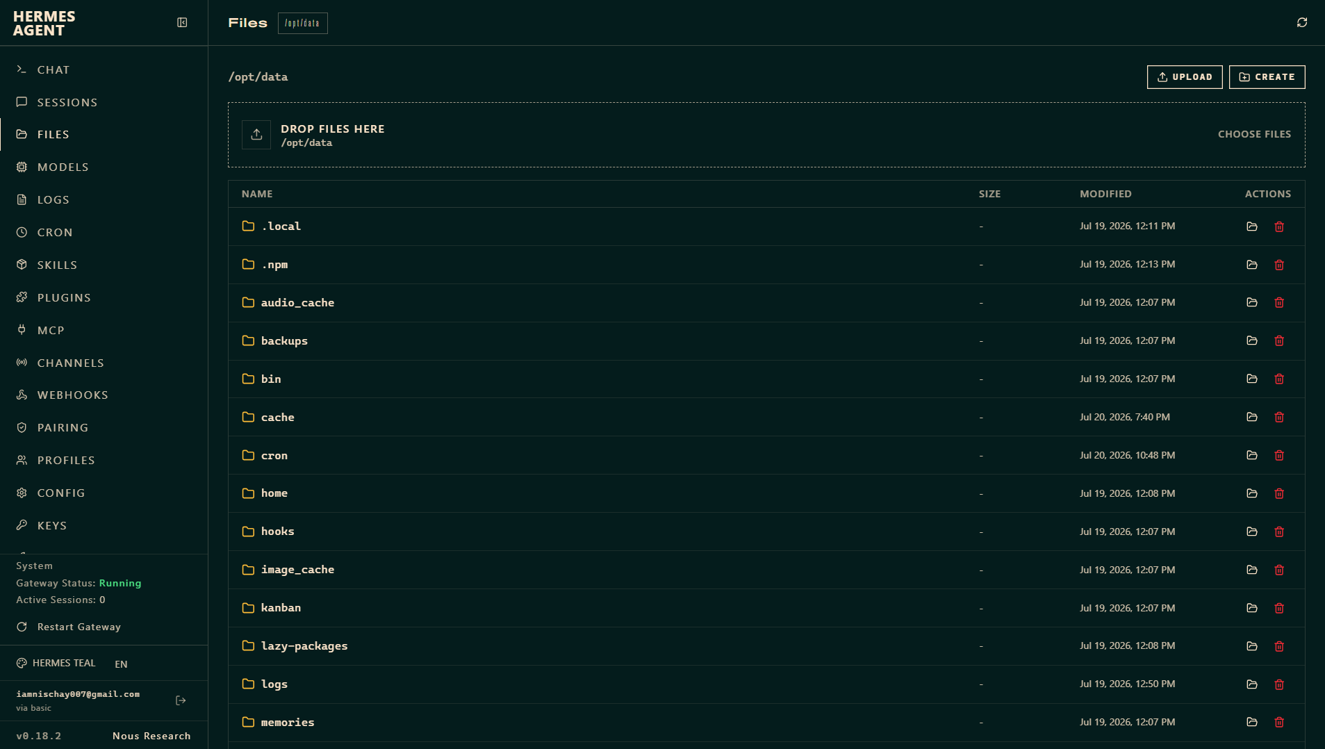 The Hermes dashboard Files screen