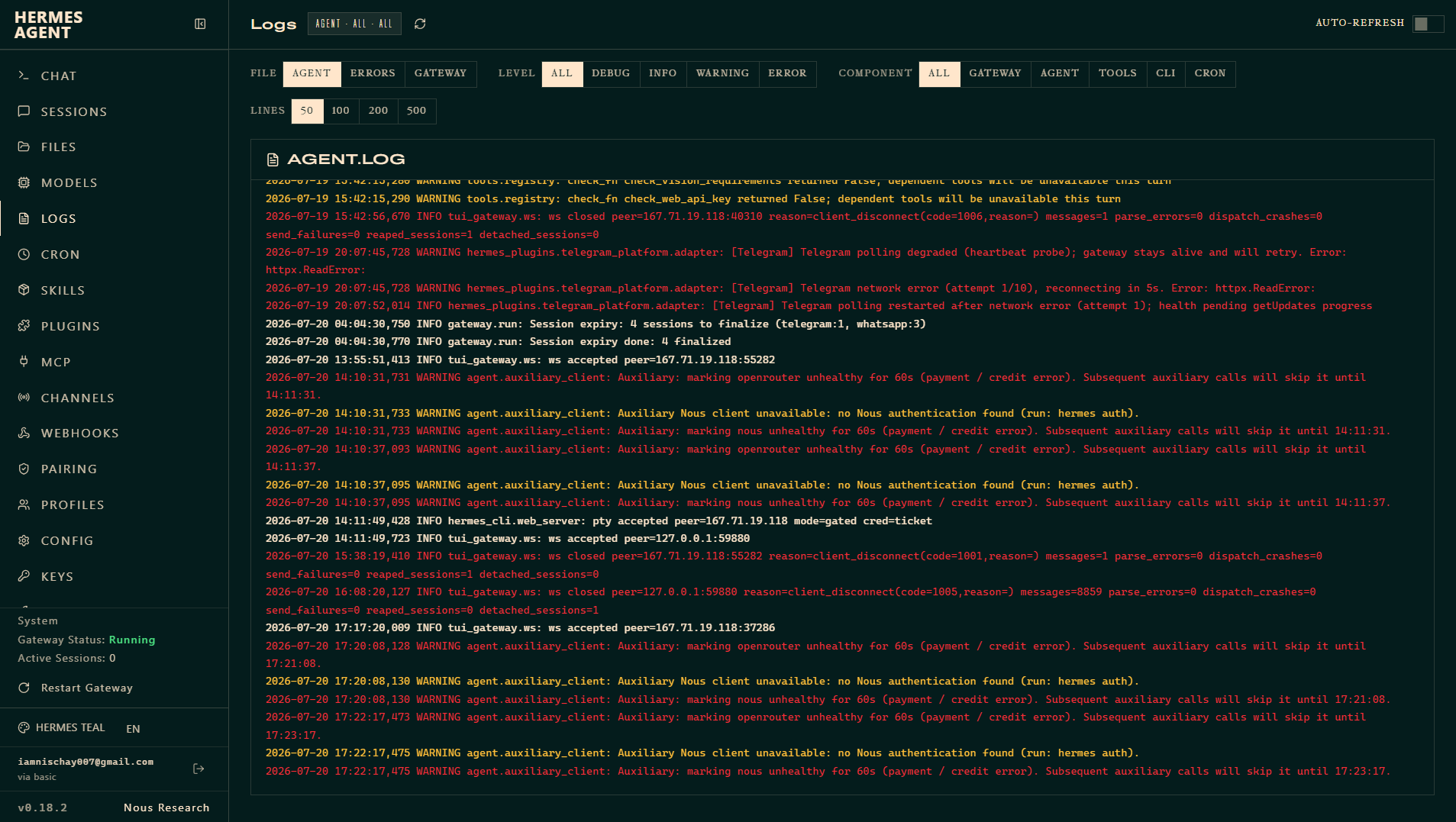 The Hermes dashboard Logs screen