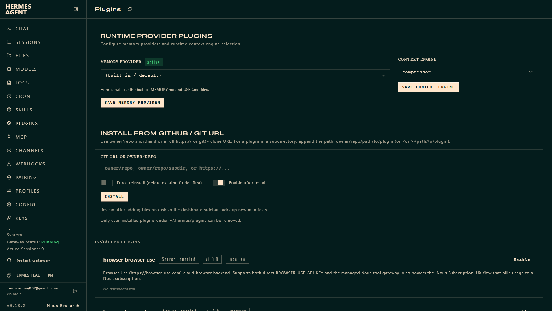 The Hermes dashboard Plugins screen