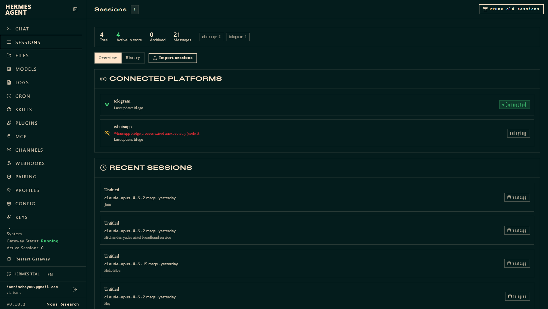 The Hermes dashboard Sessions screen