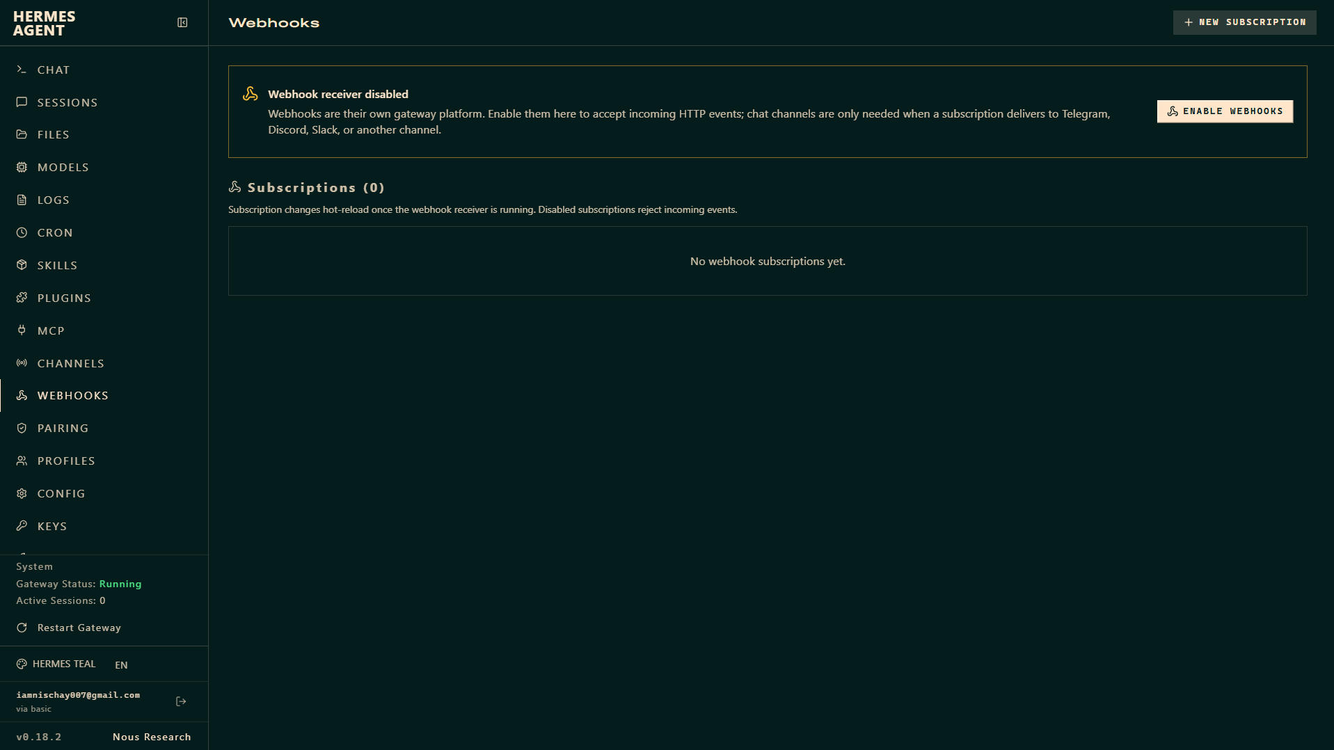 The Hermes dashboard Webhooks screen