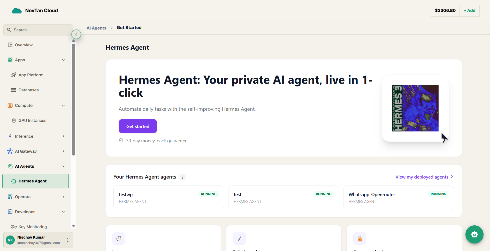 The Hermes Agent product page with its hero, mascot, and pricing