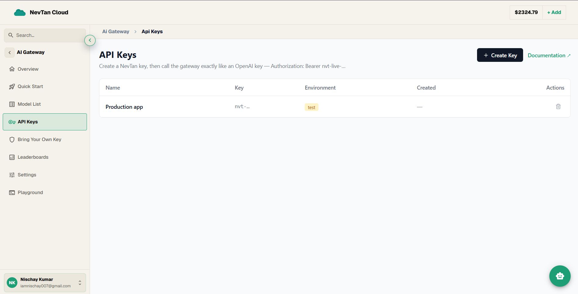 The API Keys page showing the key table and Create Key button