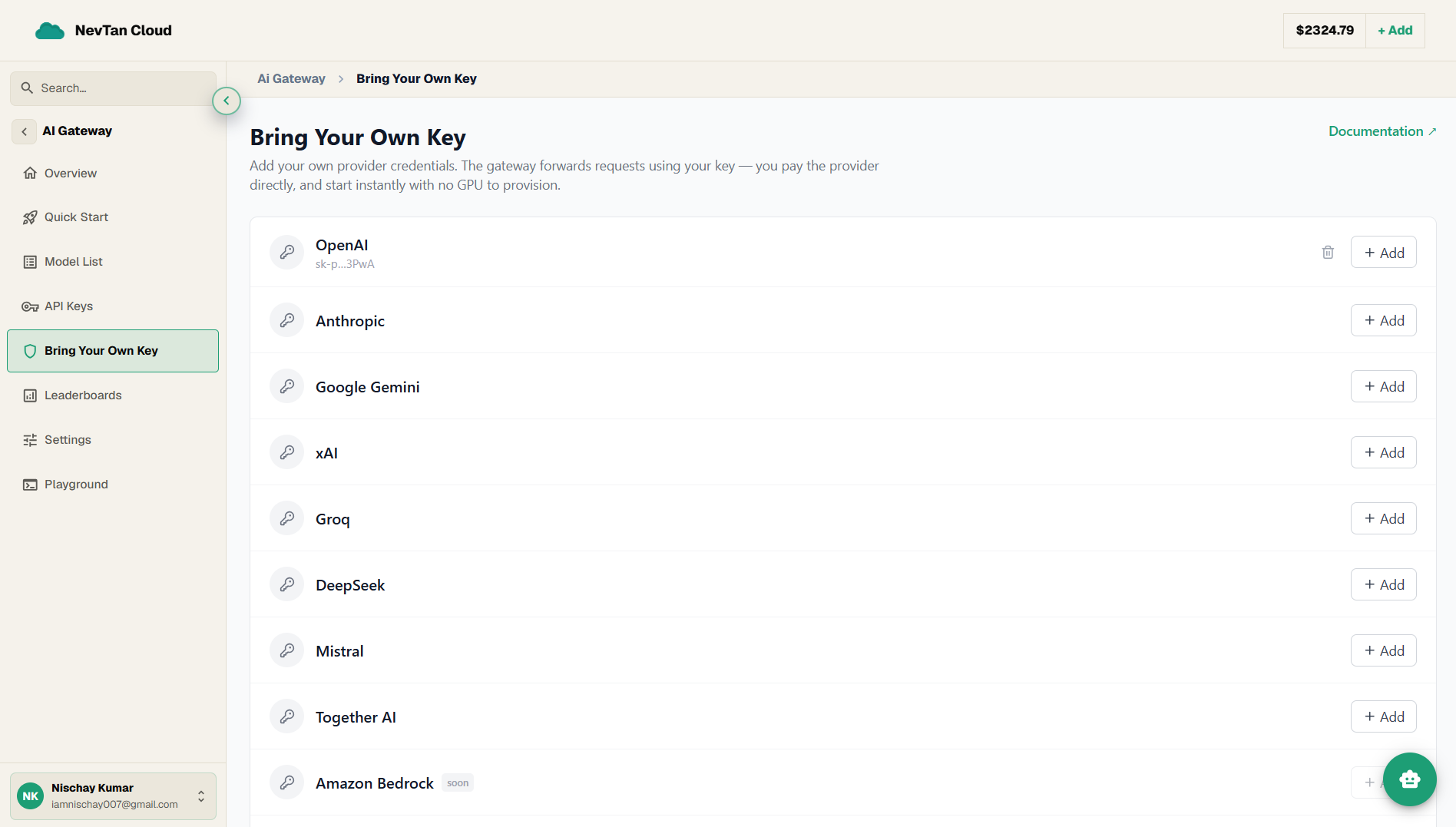 The Bring Your Own Key page listing providers with Add buttons