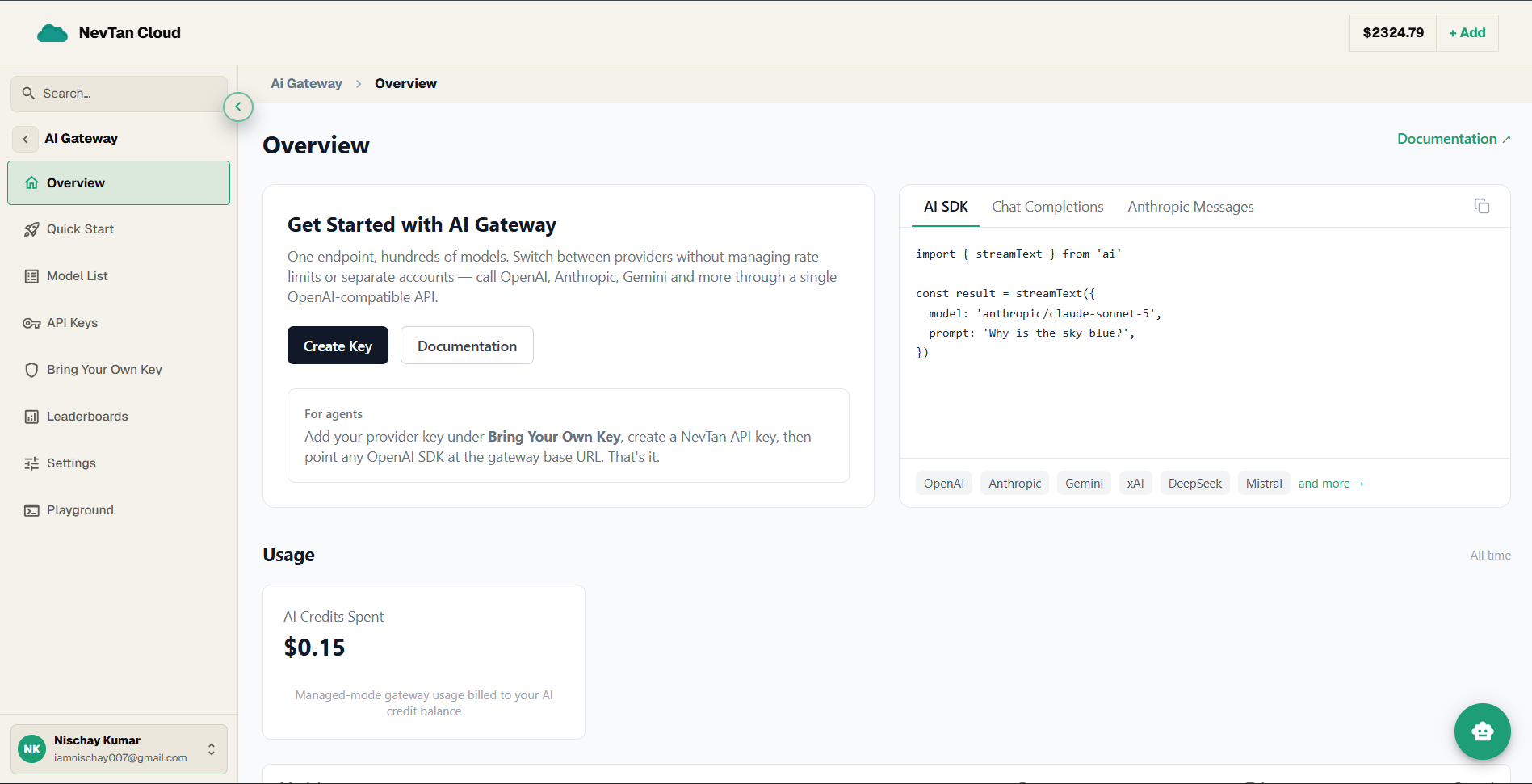The AI Gateway Overview Get Started panel and code-snippet card