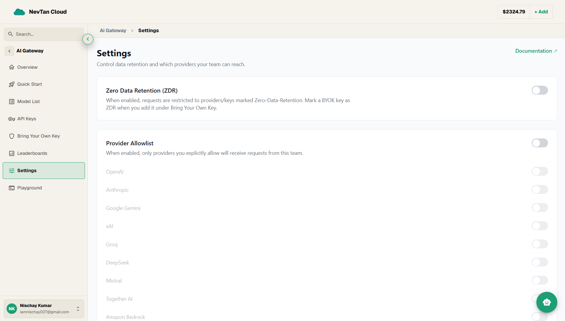 The Settings page with Zero Data Retention and Provider Allowlist controls