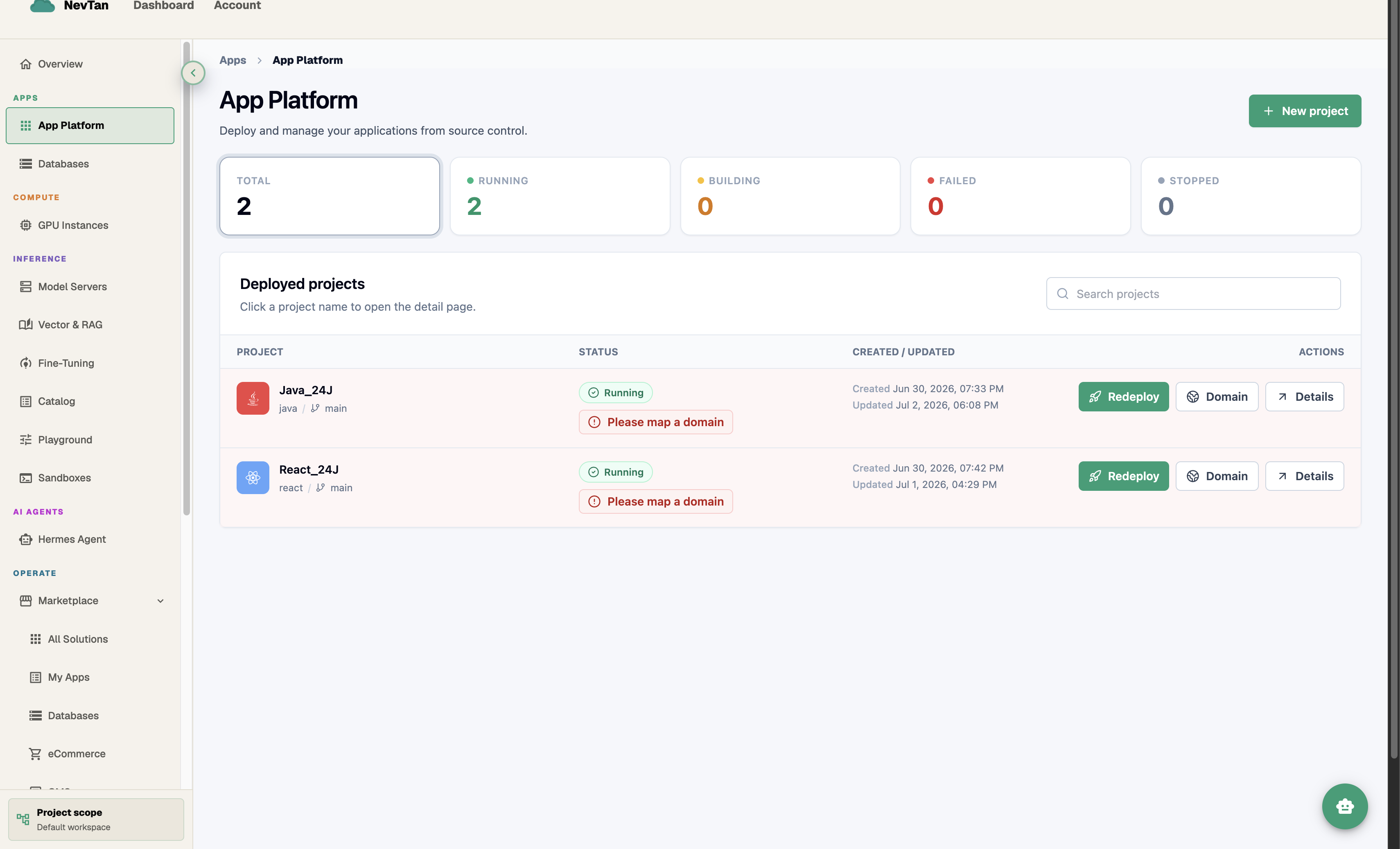 App Platform console listing deployed projects