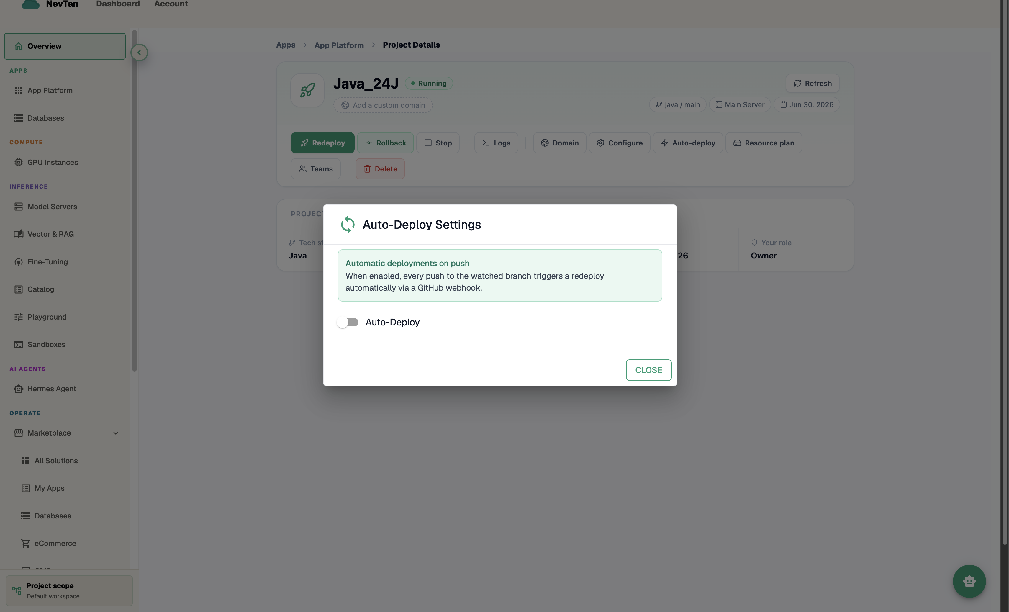 Auto-Deploy Settings modal with the toggle off