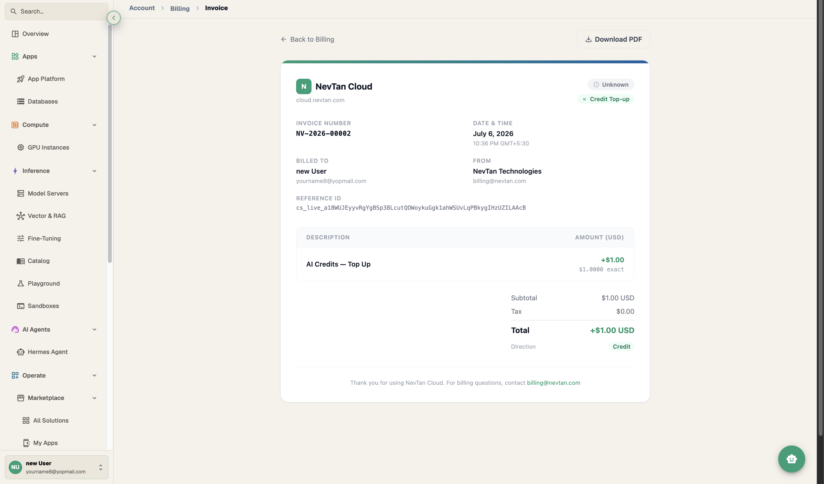 Invoice detail page showing invoice number, billed to, from, description, and total