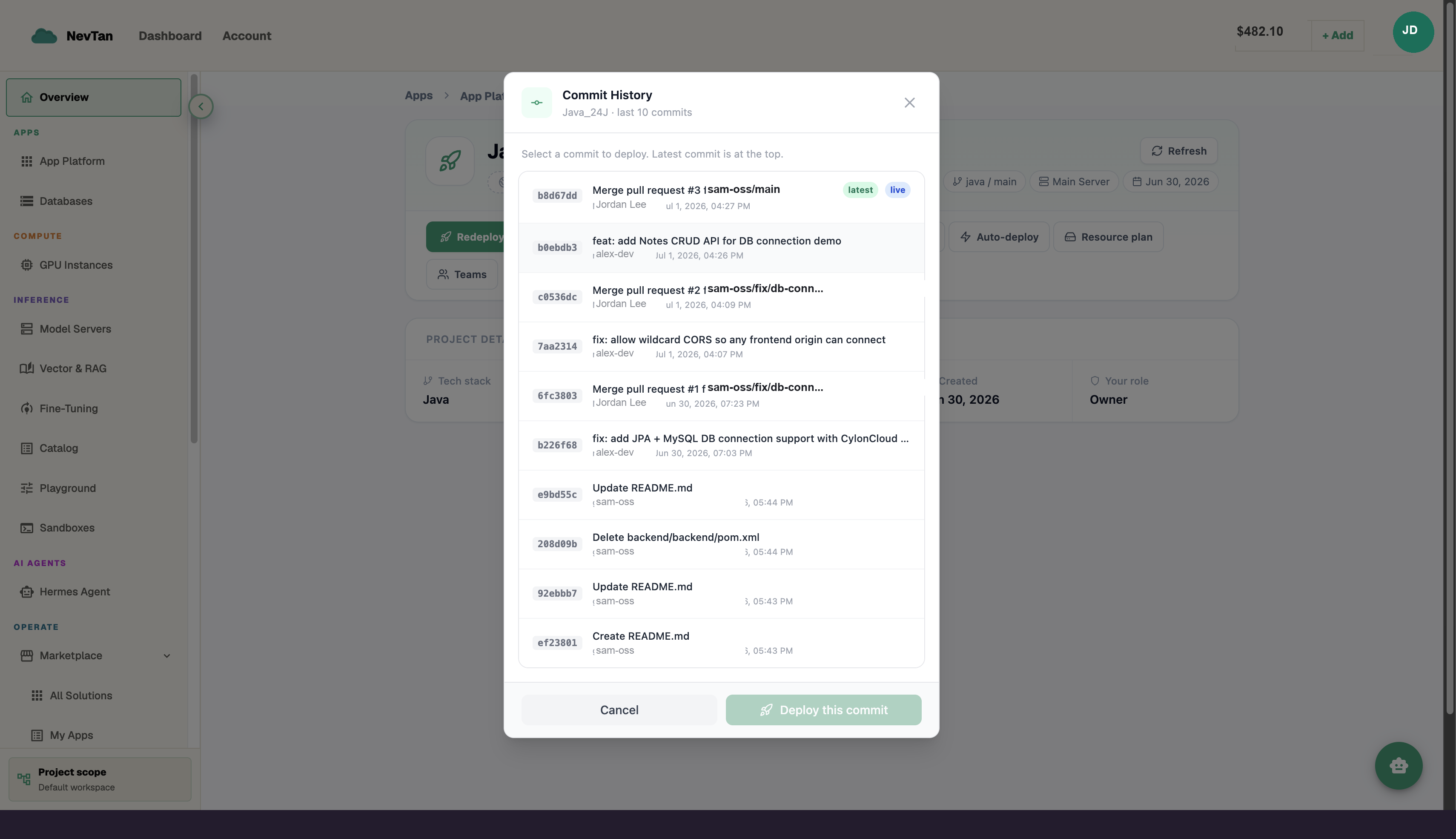 Commit history picker with a Deploy this commit action