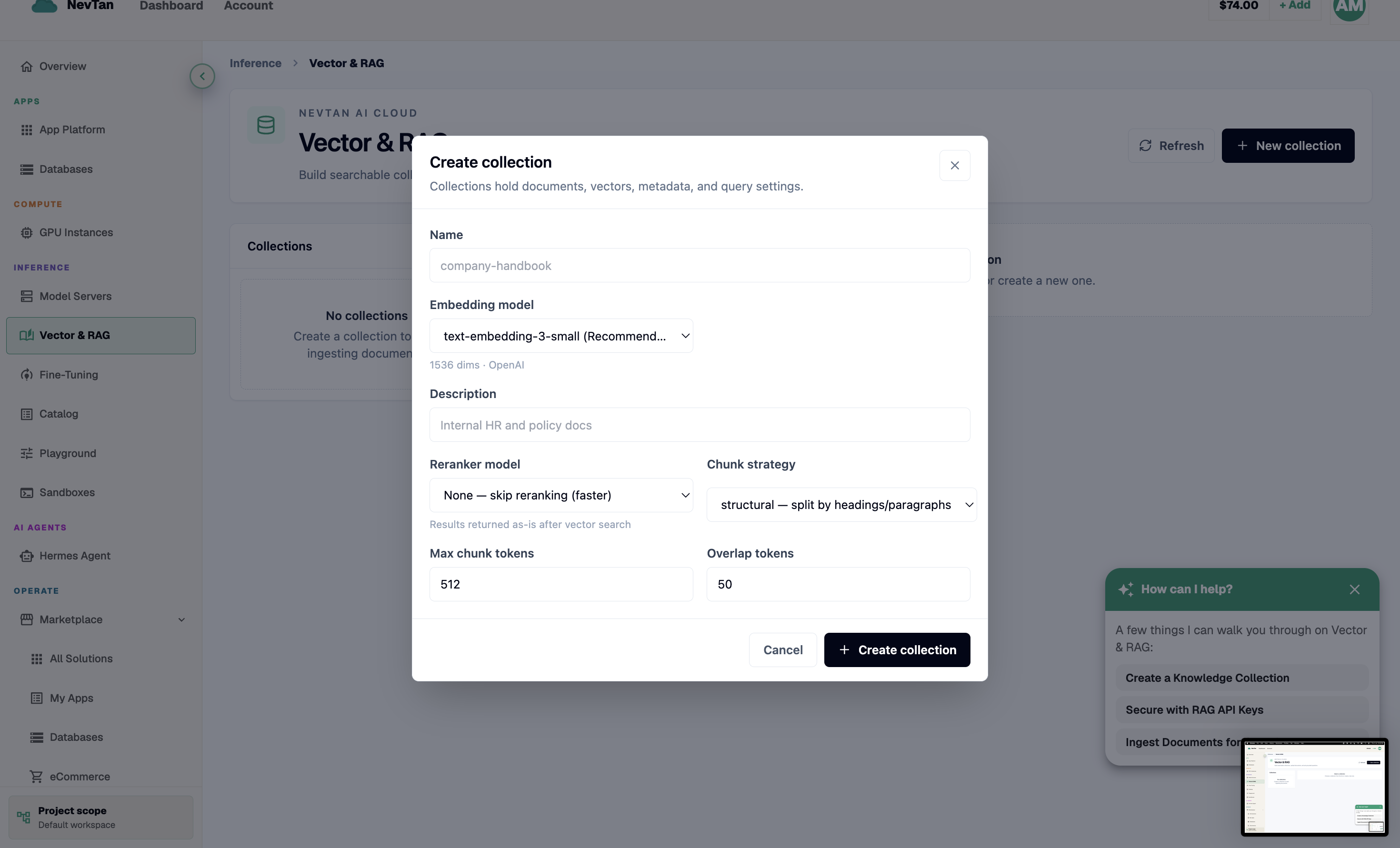Create Collection modal with fields for name and configuration