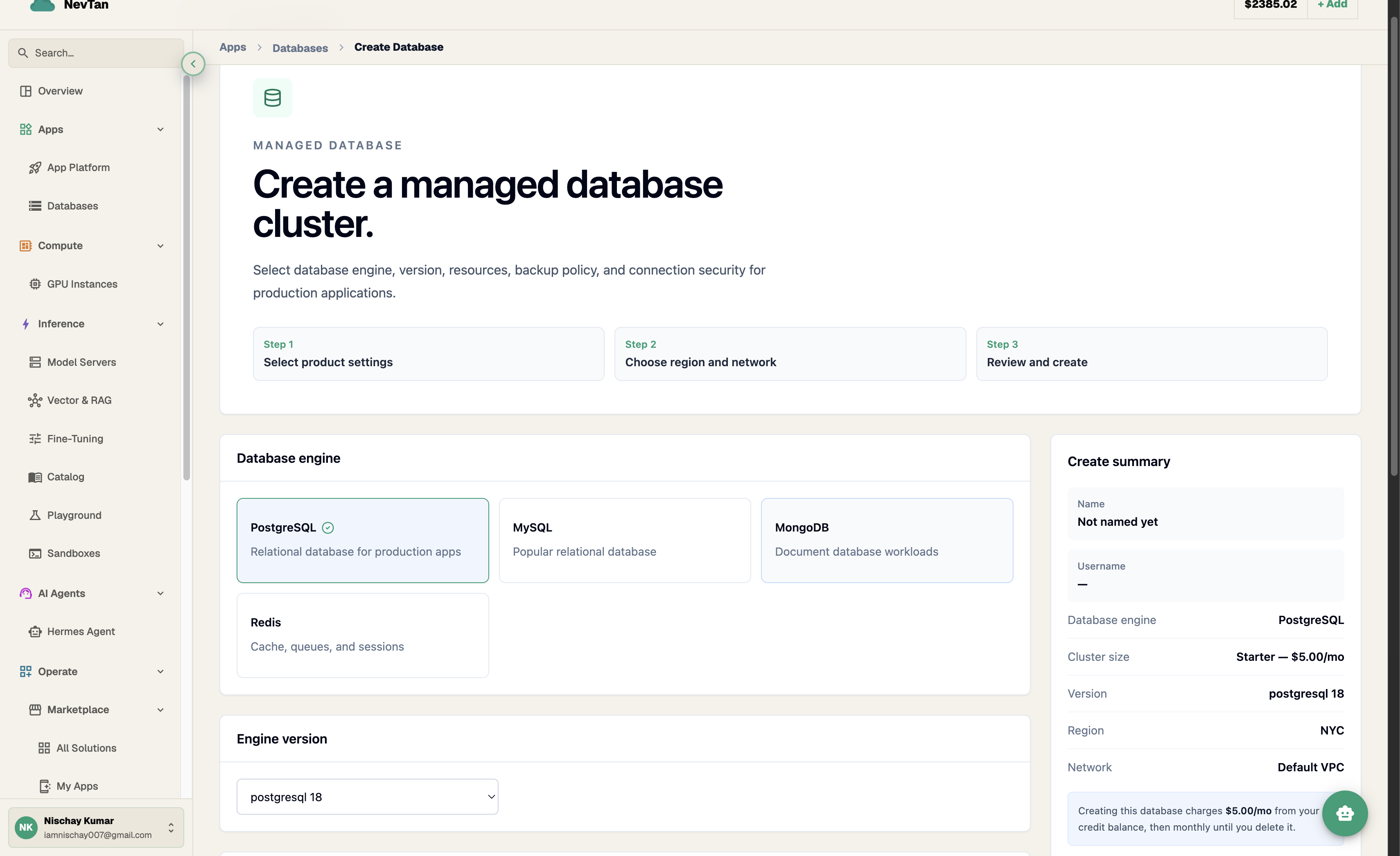 Create Database form with PostgreSQL, MySQL, MongoDB, and Redis engine options
