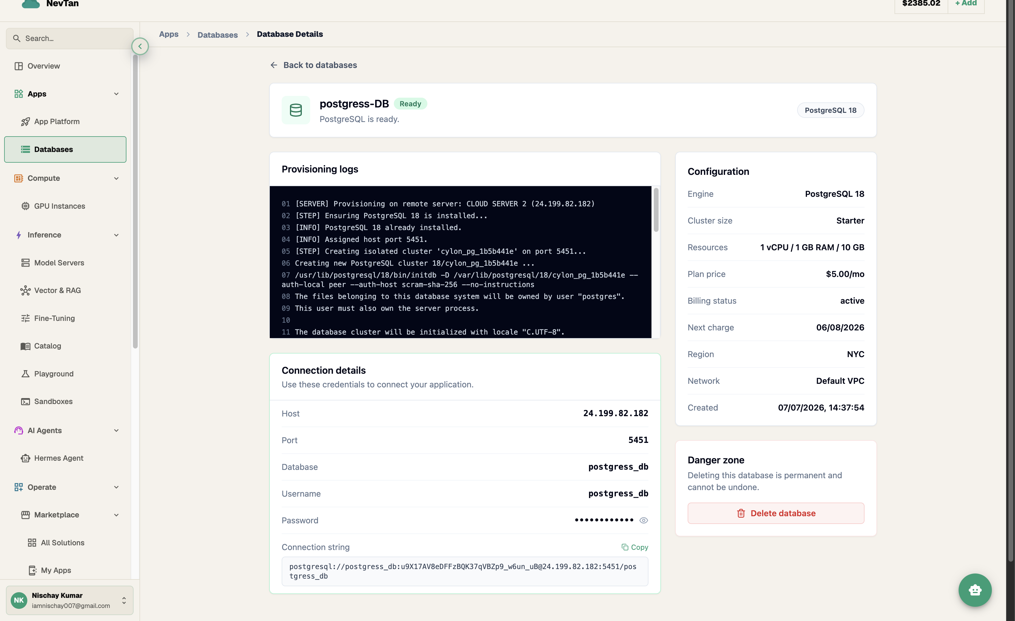 Database details page showing provisioning logs, connection details, and configuration