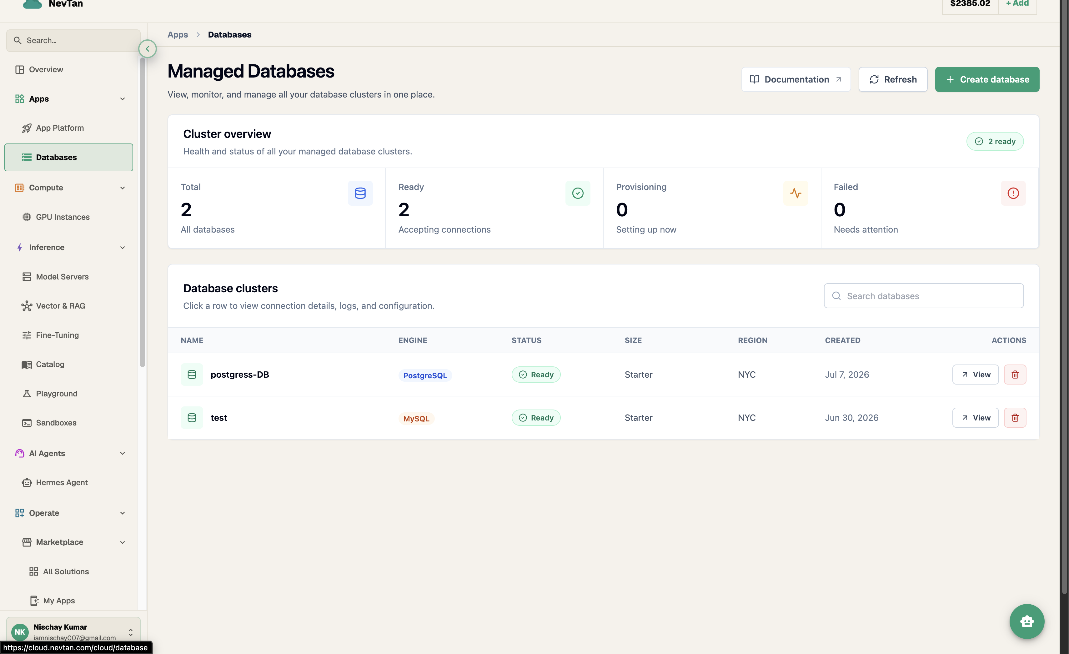 Managed Databases console showing cluster overview and a list of database clusters