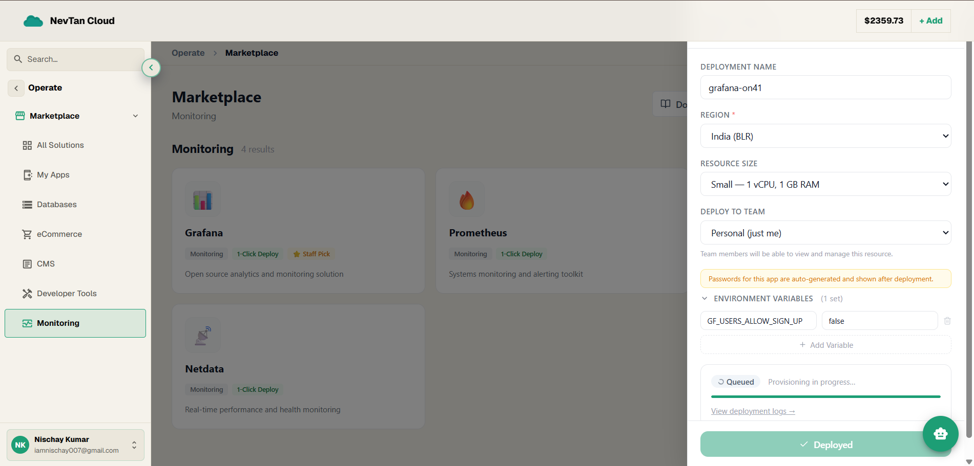 Deploy panel showing a running app with its live web address and logs link