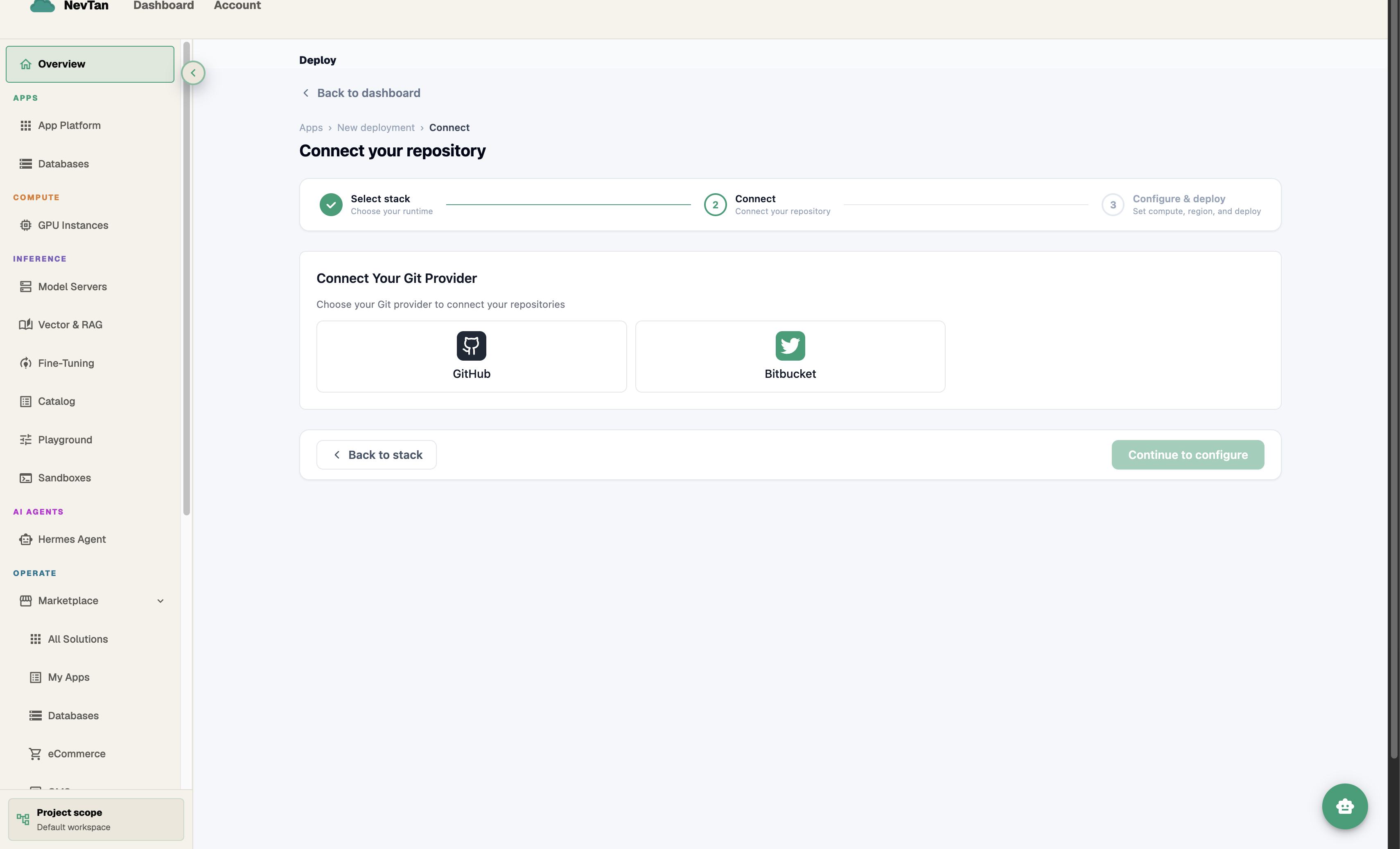 Connect your Git provider screen with GitHub and Bitbucket options