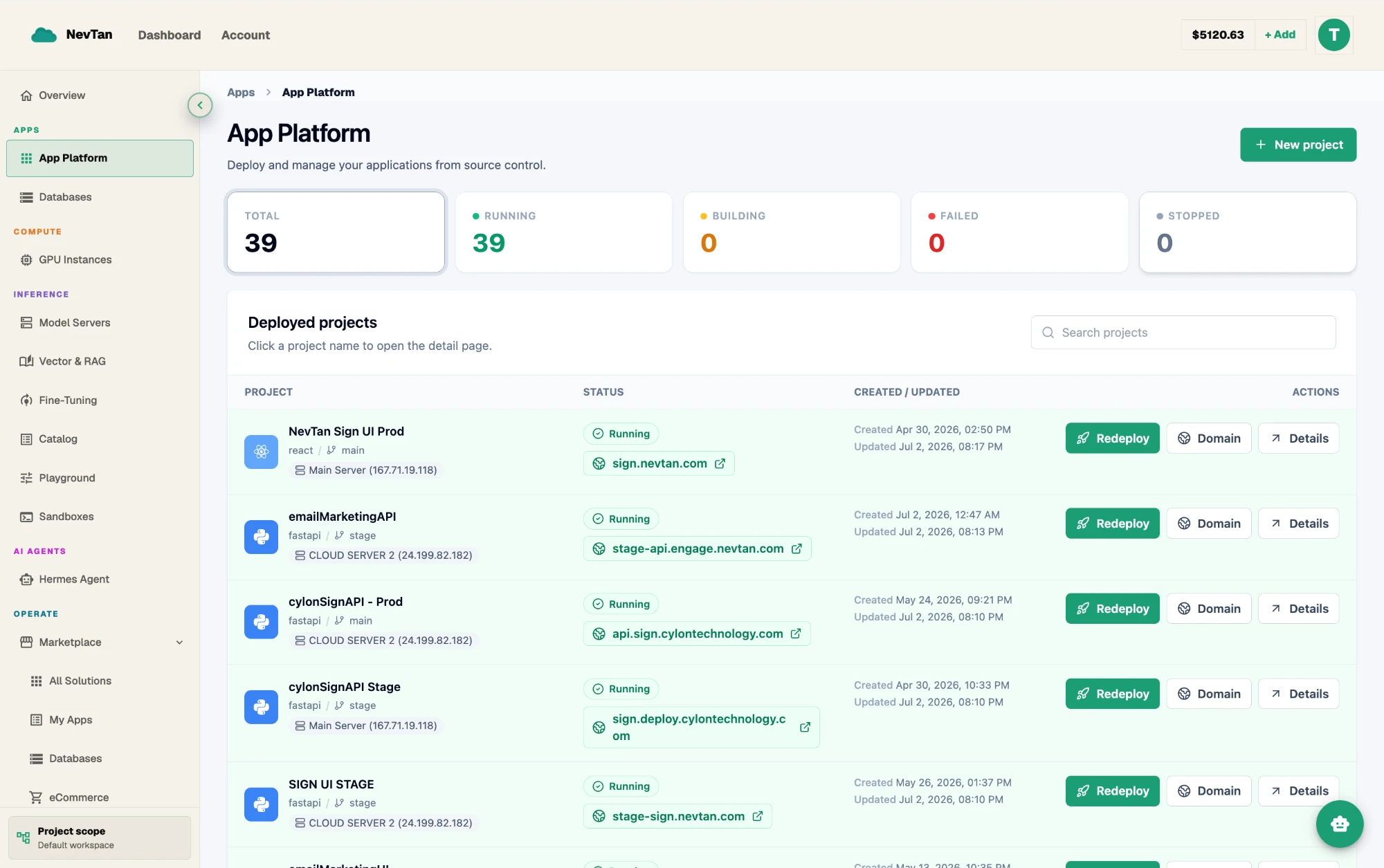 NevTan App Platform console showing live deployed projects