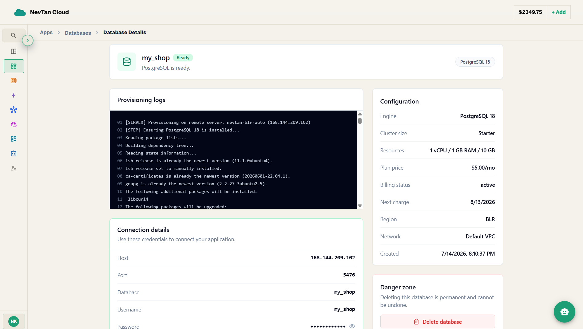 Deploy panel showing the full Connection Details table for a ready database