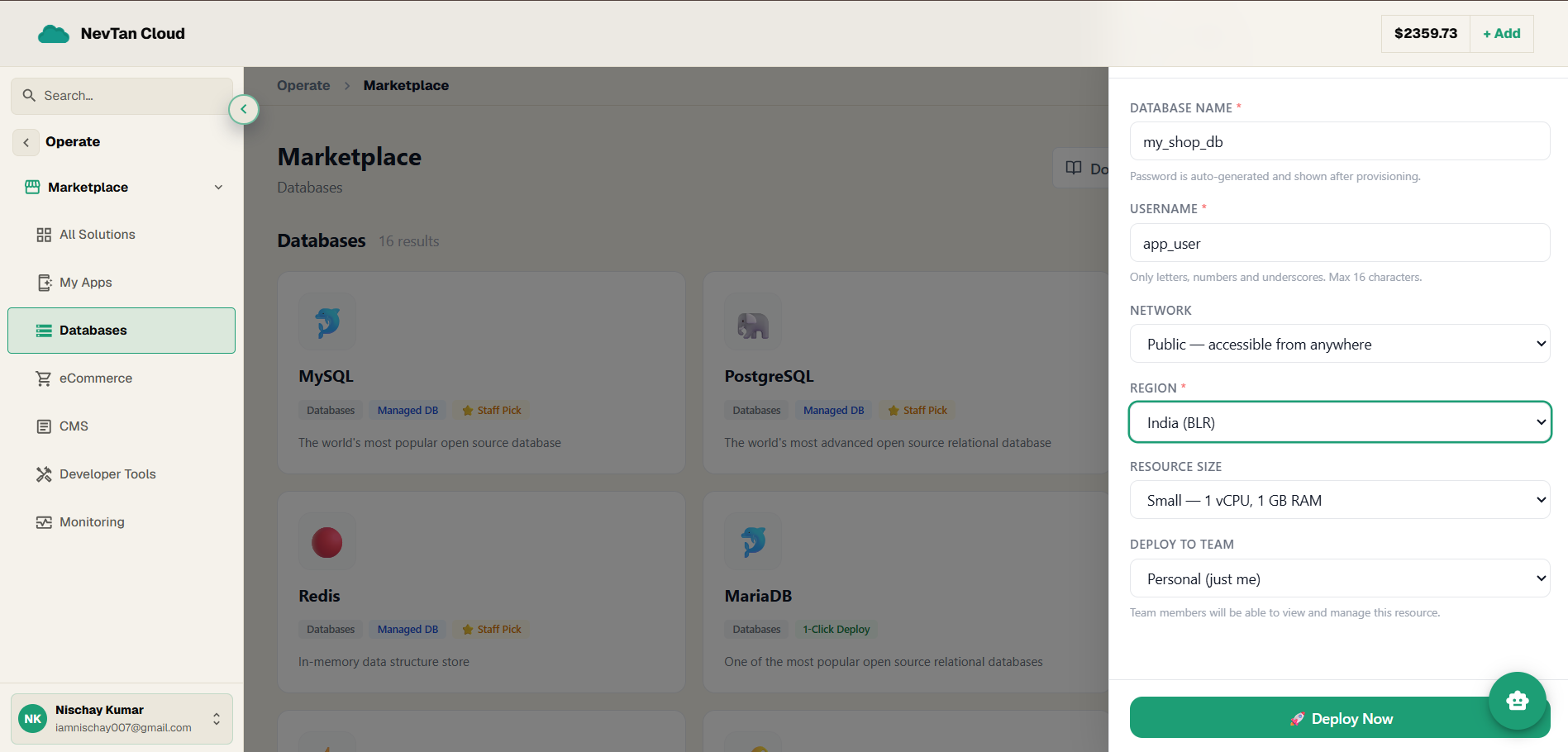 Managed DB deploy panel filled in with example values, ready to deploy