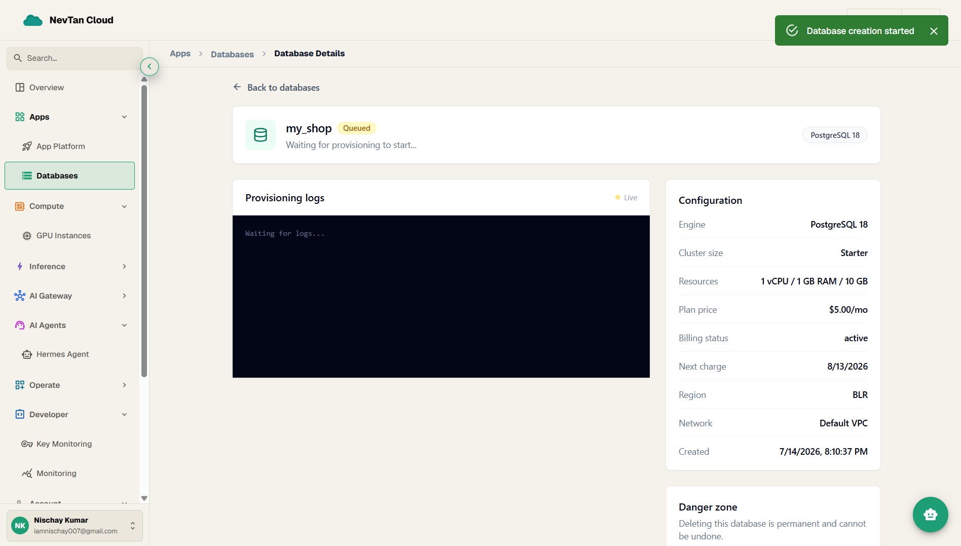 Deploy panel showing a database mid-provisioning with a progress bar
