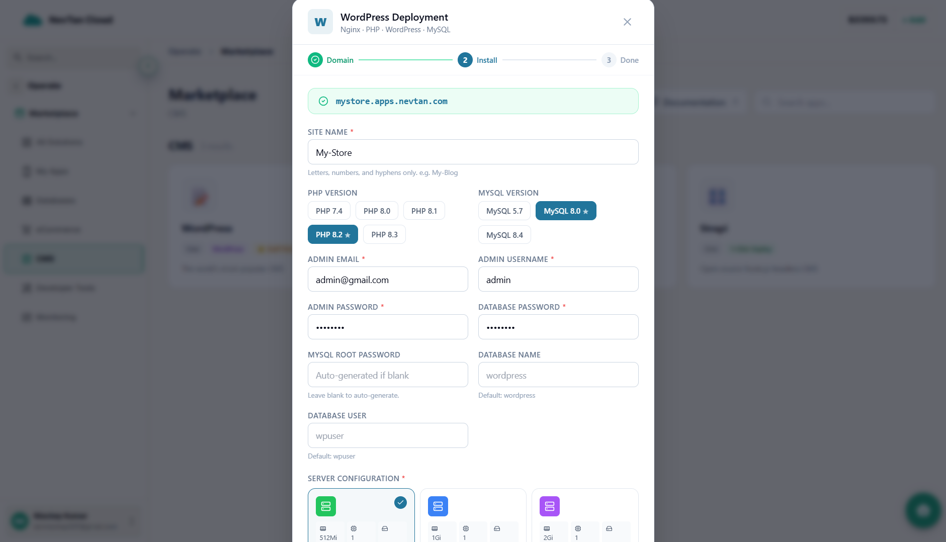 WordPress install form scrolled to the Server Configuration cards