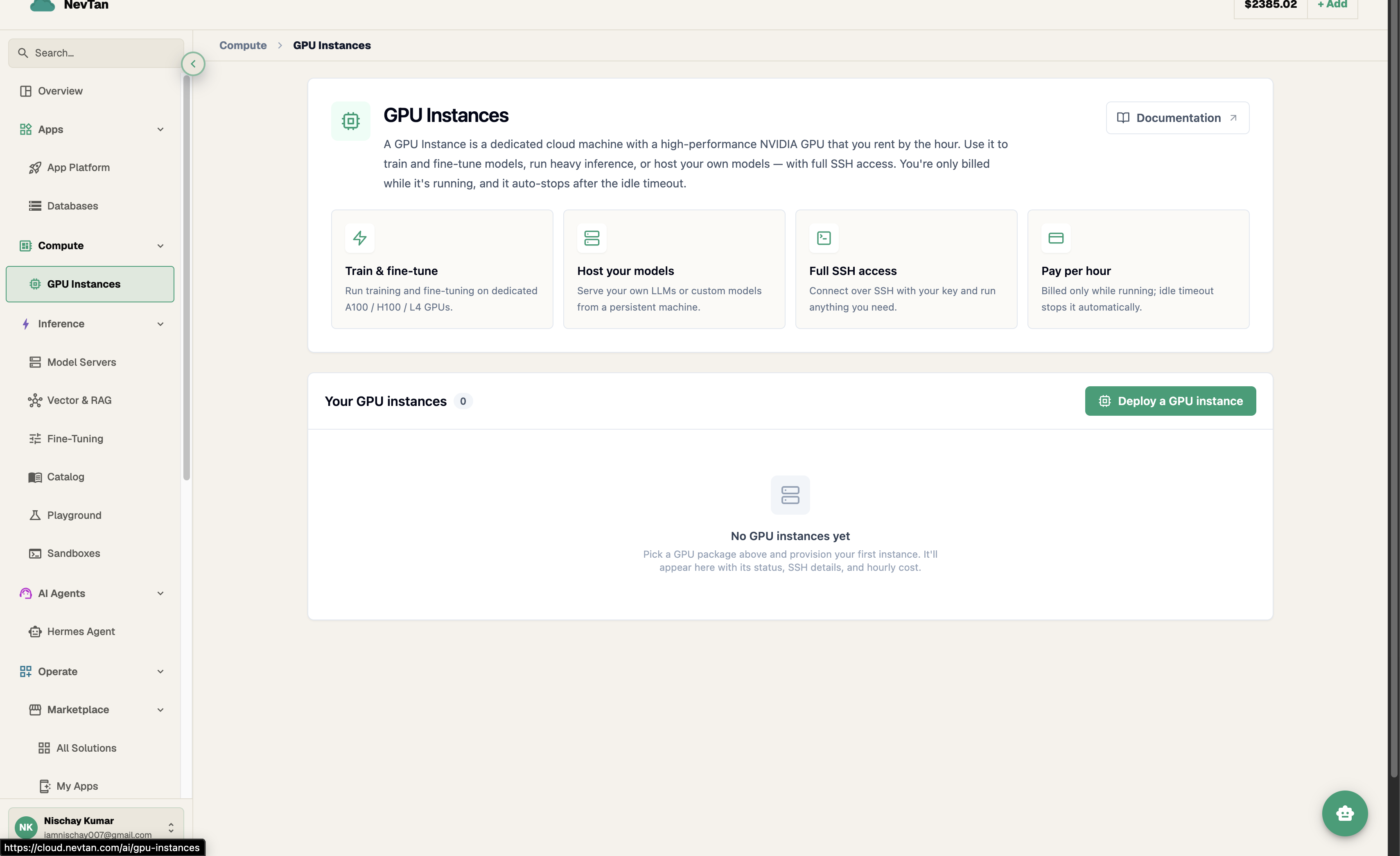 GPU Instances console showing Train & fine-tune, Host your models, Full SSH access, and Pay per hour