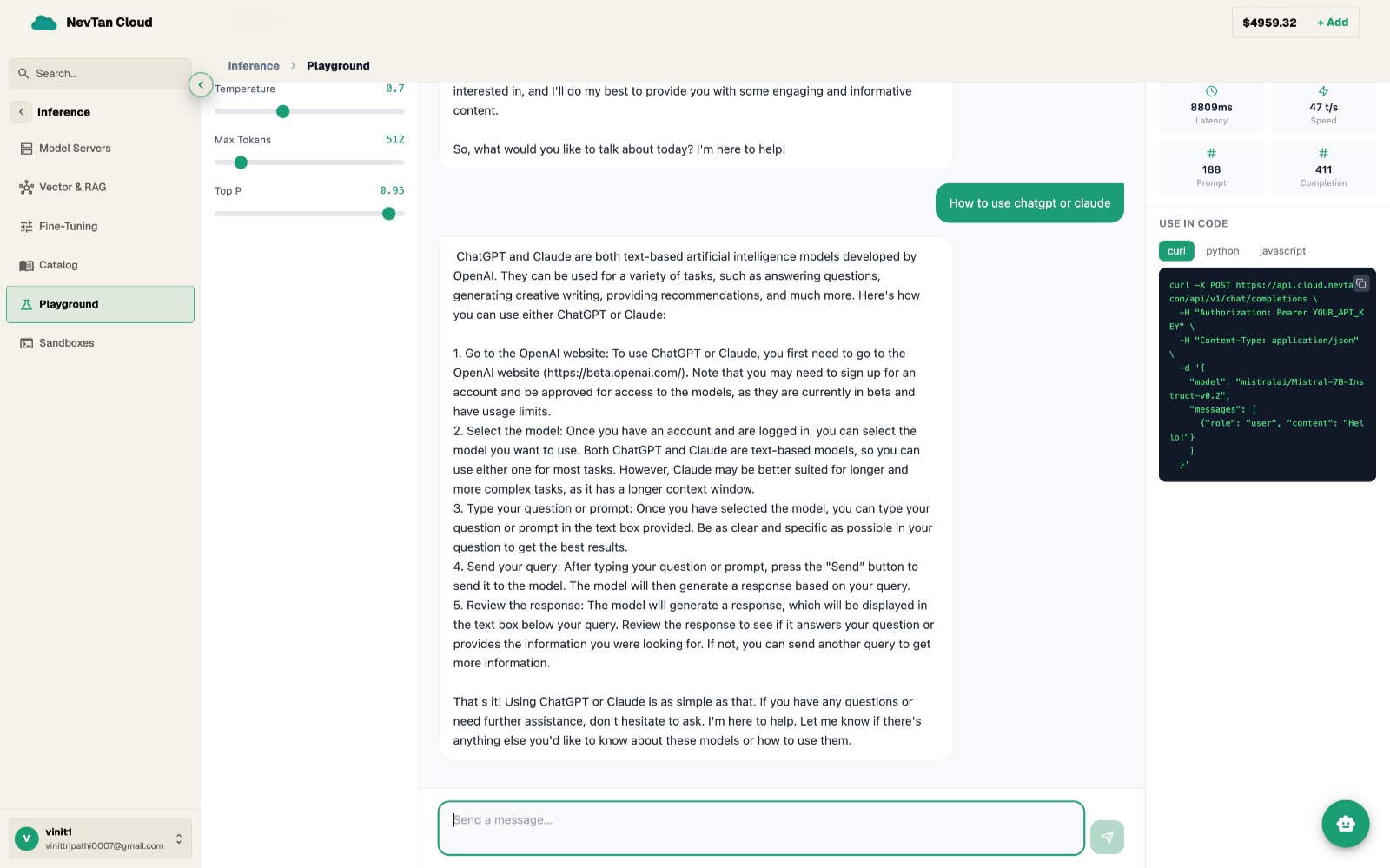The Playground in chat mode, with the conversation, parameter sliders, and per-run token usage