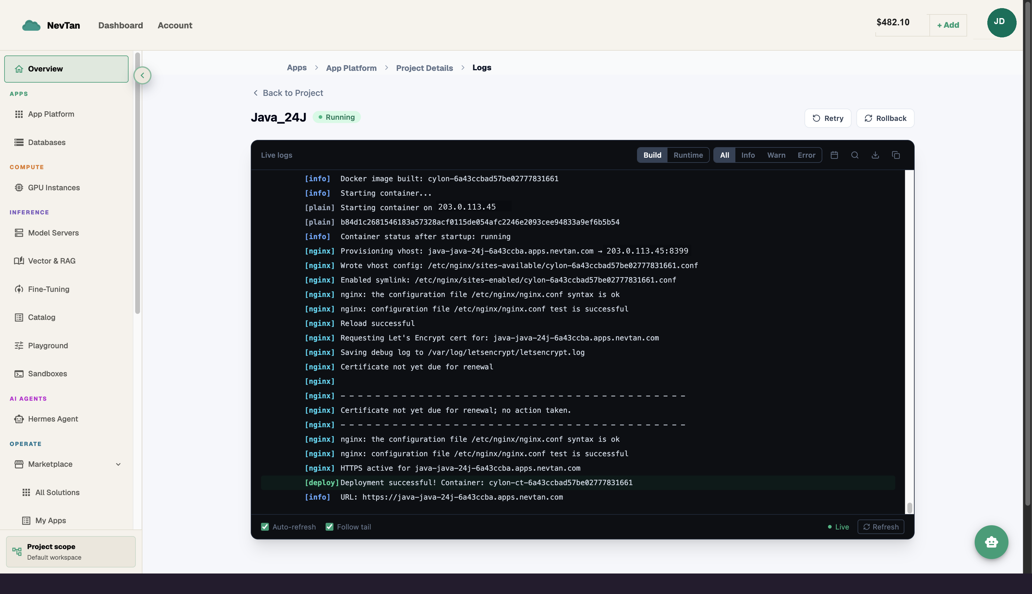Live logs view with Retry and Rollback actions