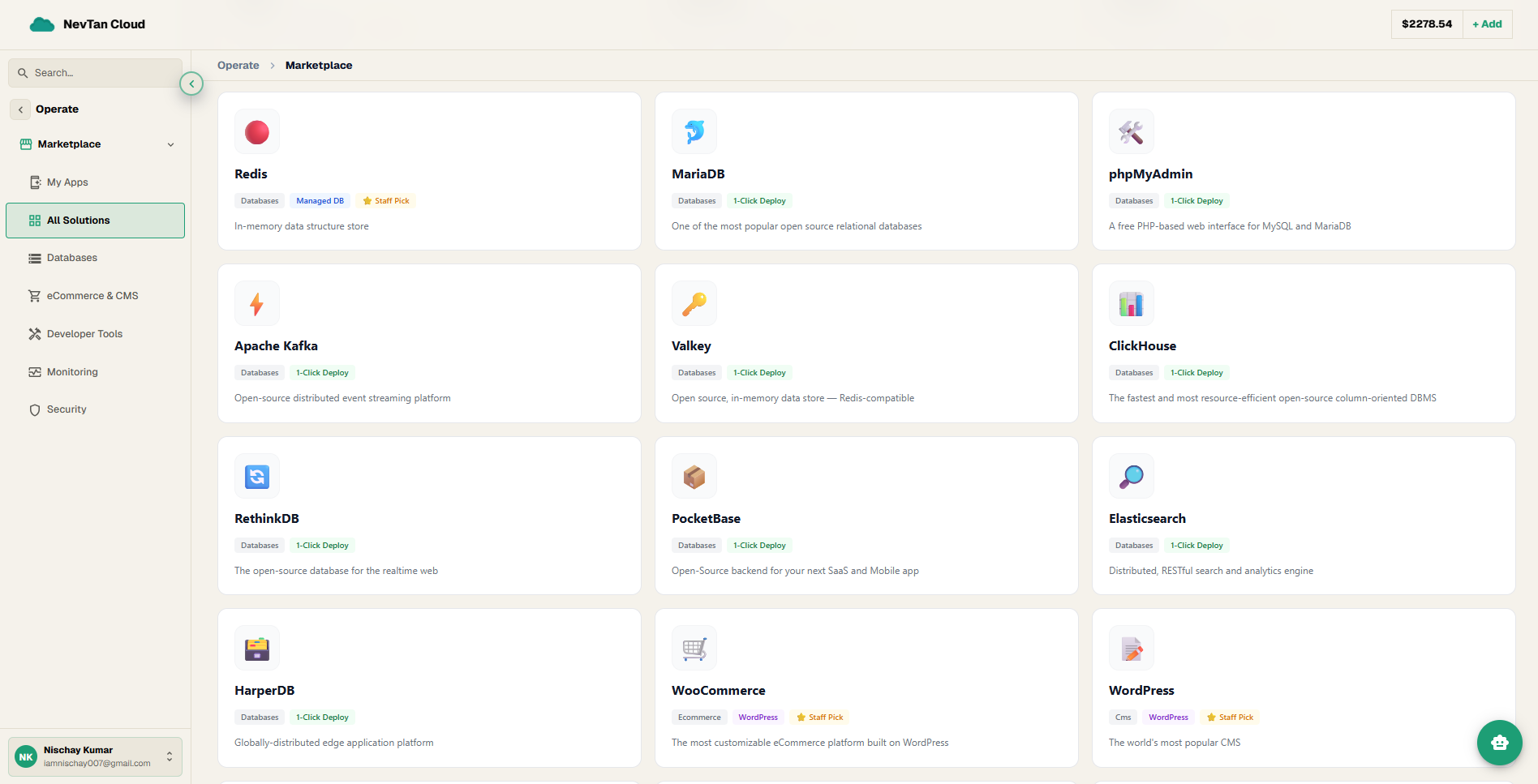 App cards showing the Managed DB, 1-Click Deploy, and WordPress badges