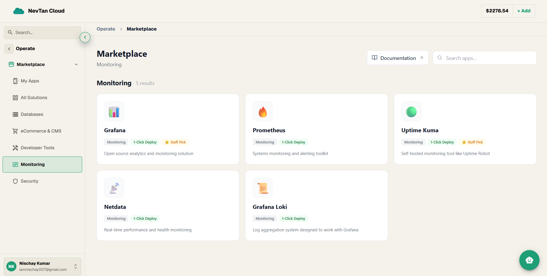 Marketplace catalog filtered to the Monitoring category