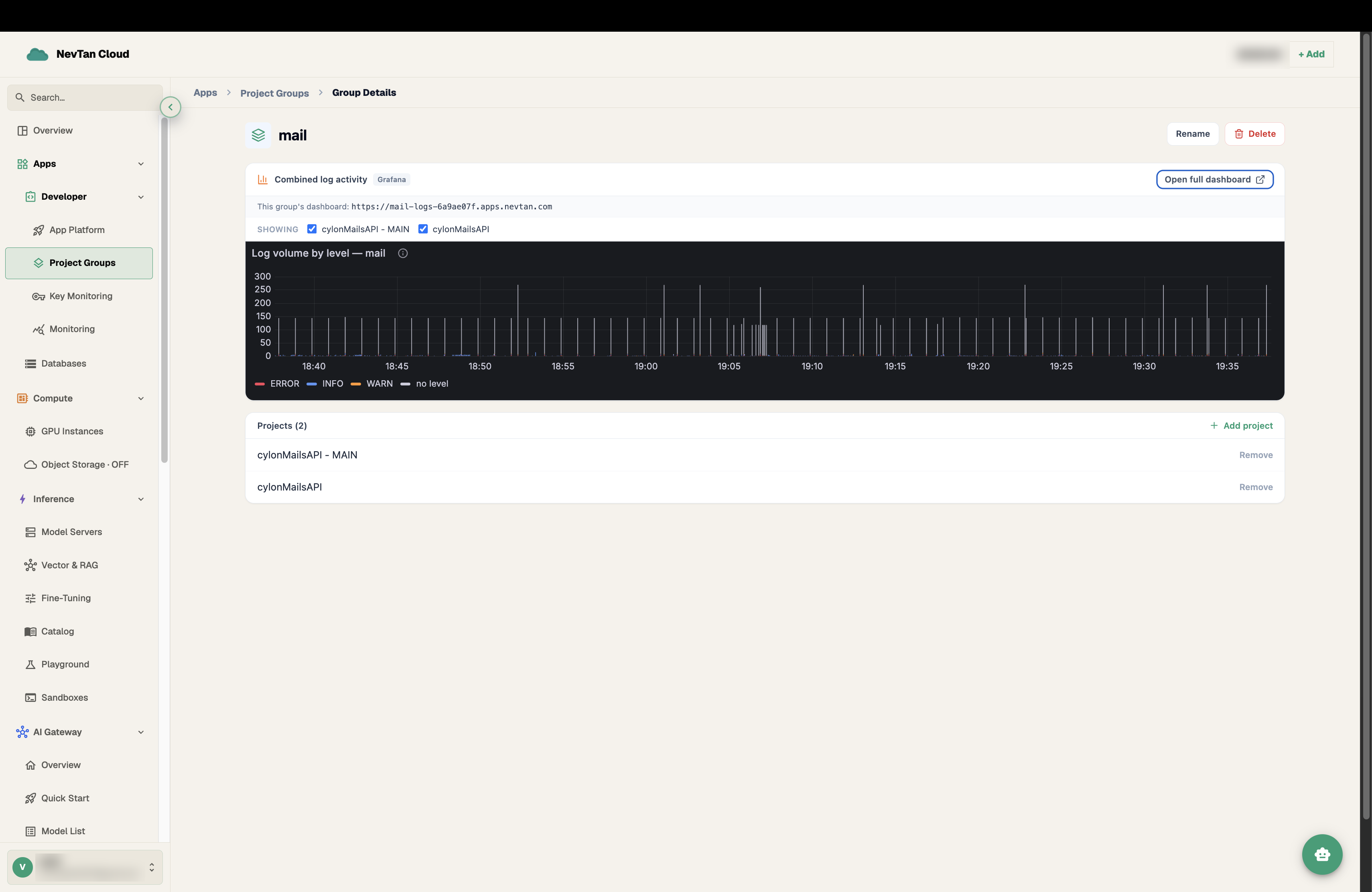 Project group page showing the Combined log activity card with a Grafana chart, per-project Showing checkboxes, and the member project list below
