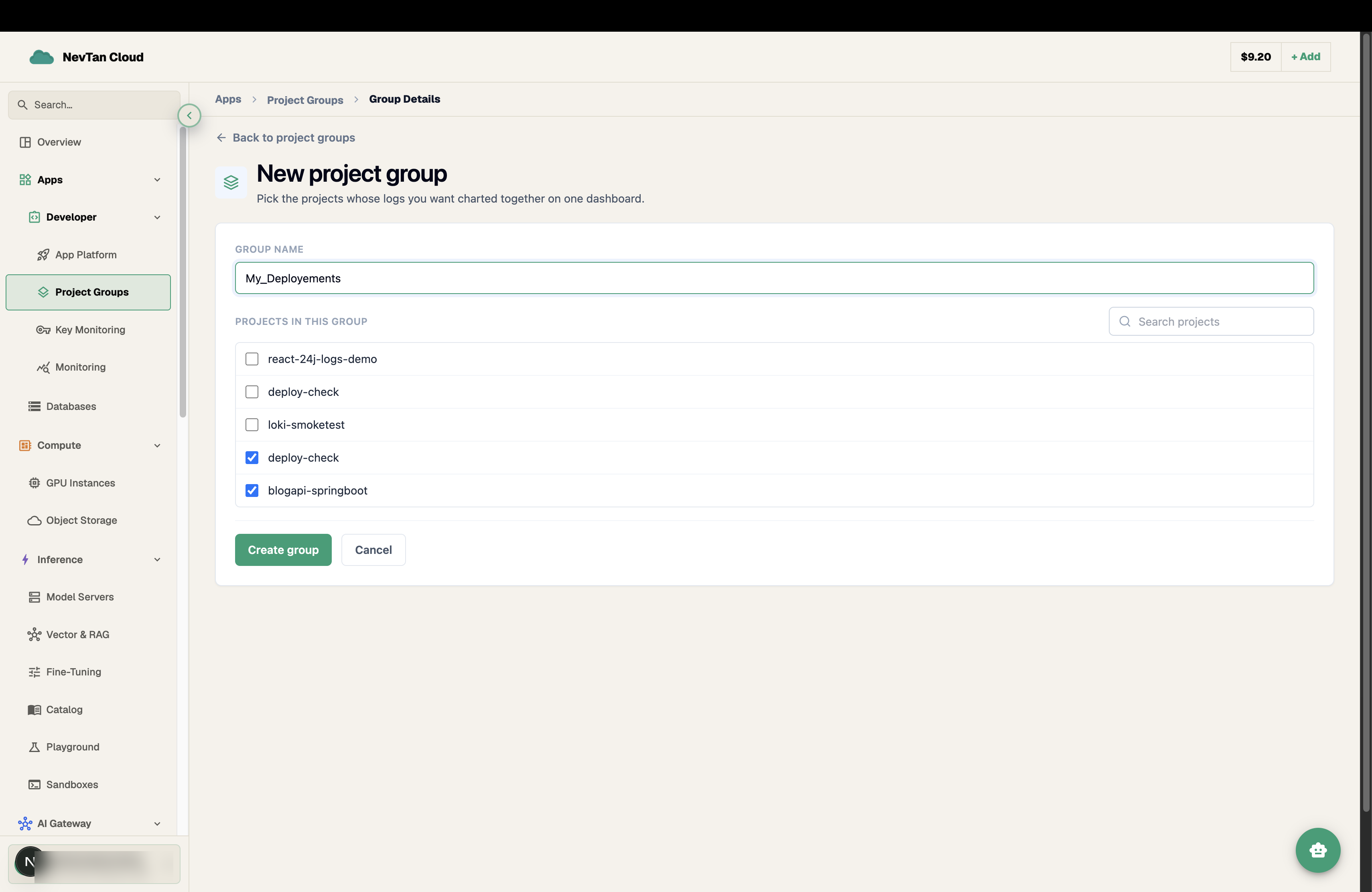 New project group form with a group name field and a searchable, checkbox list of projects