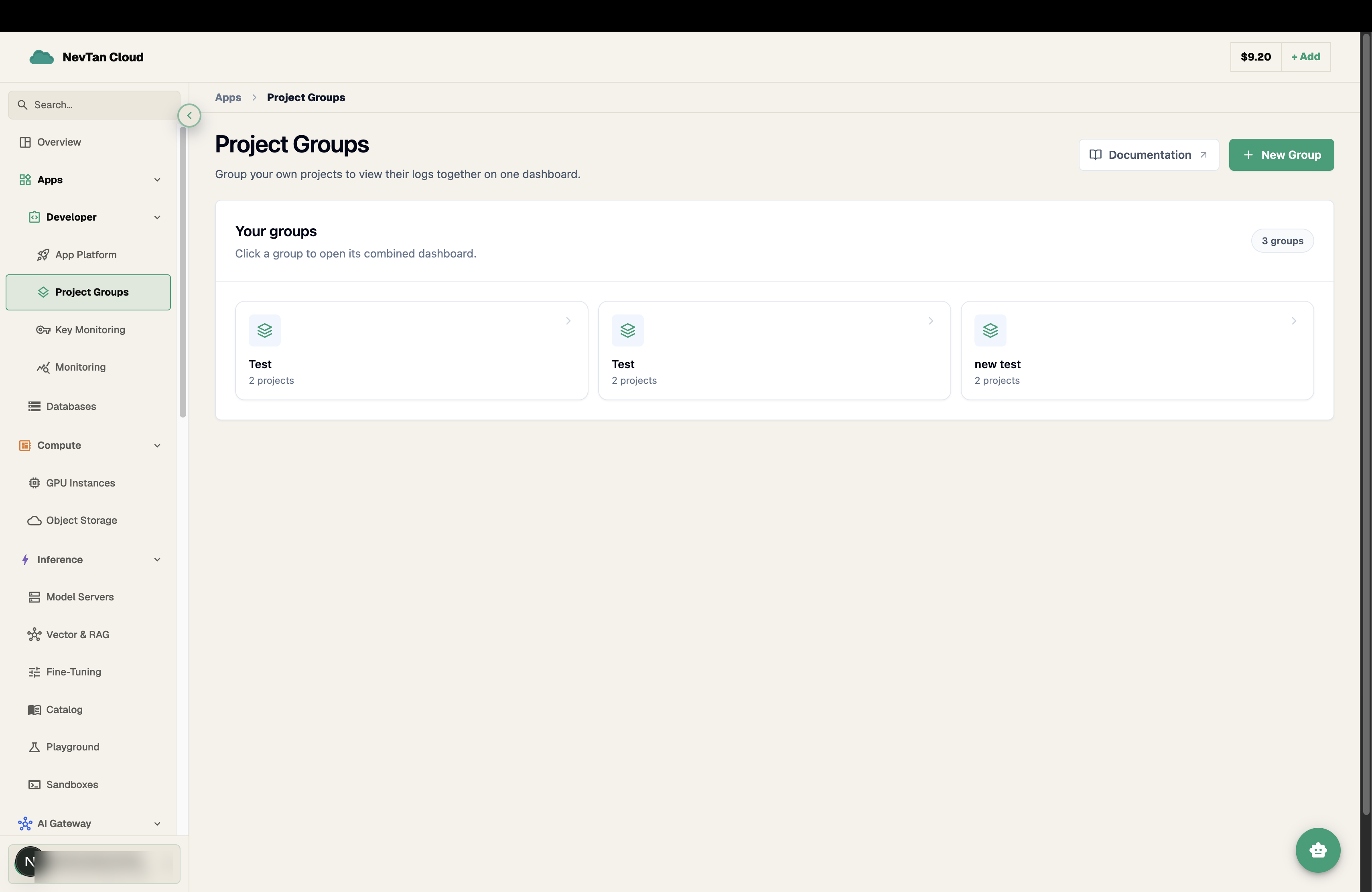 Project Groups page listing group cards, each with a name and project count