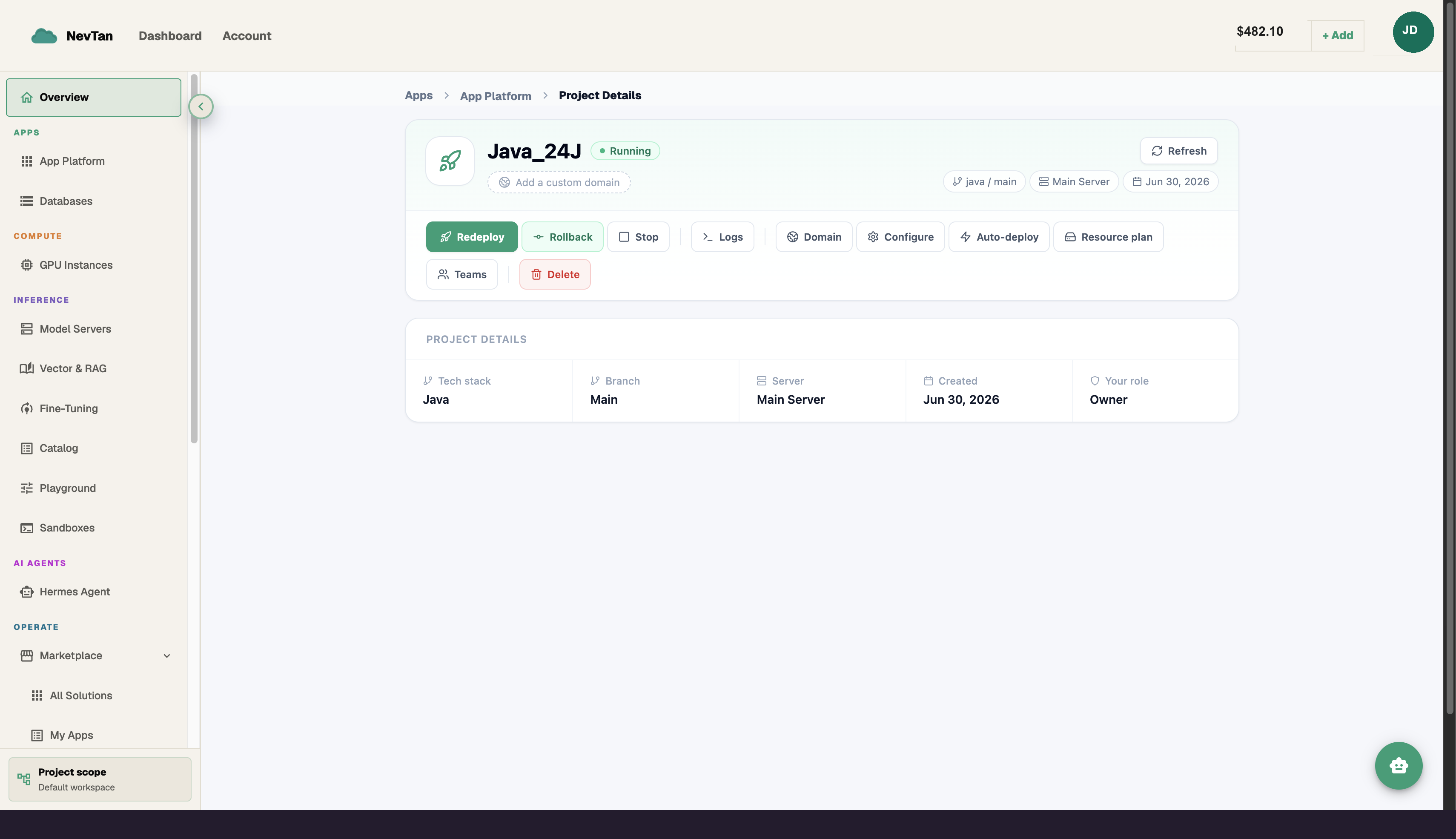 Project overview page with Redeploy, Rollback, Stop, Logs, Domain, Configure, Auto-deploy, and Resource plan buttons