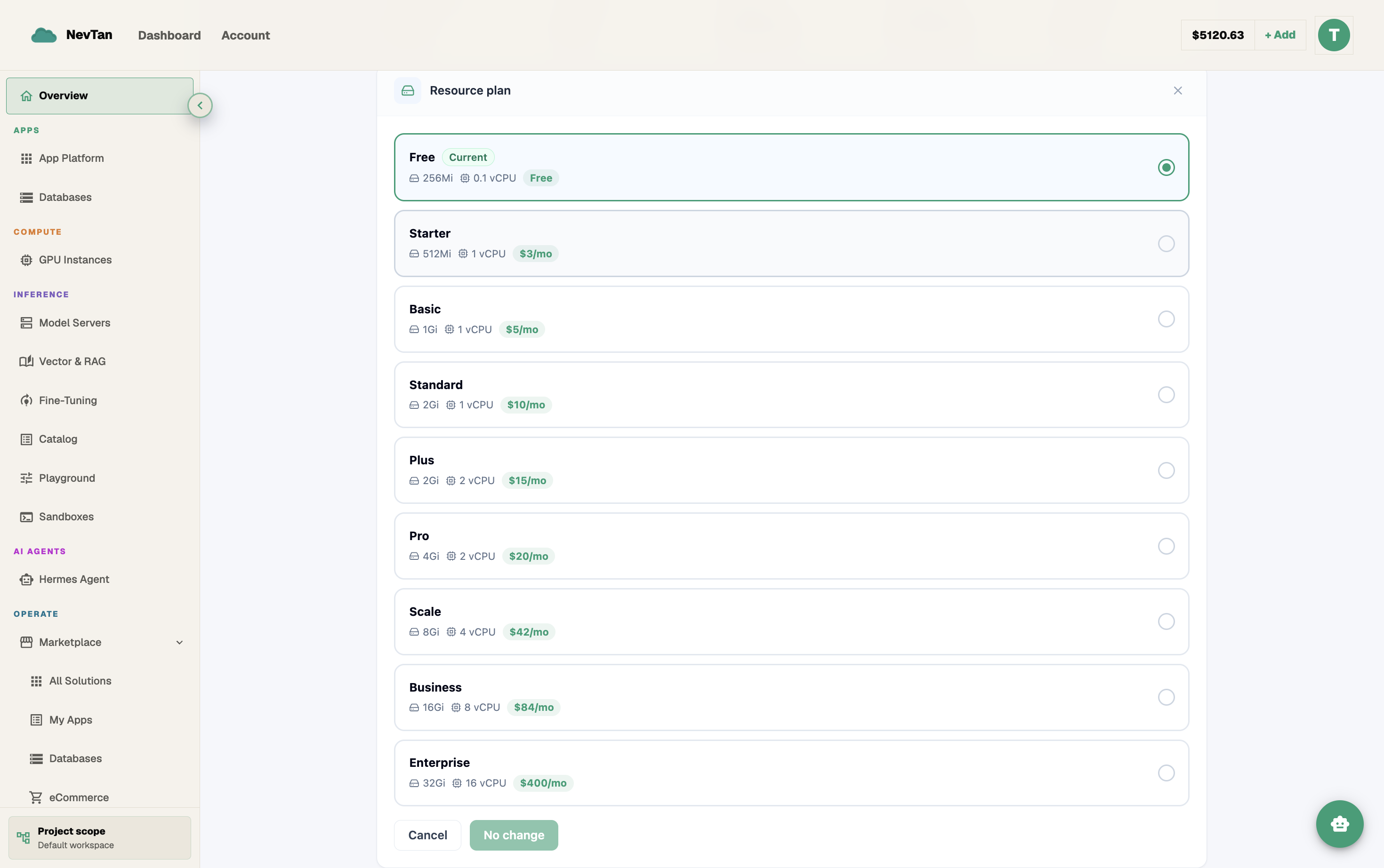 Resource Plan tab showing the current preset and price, with other tiers to switch to
