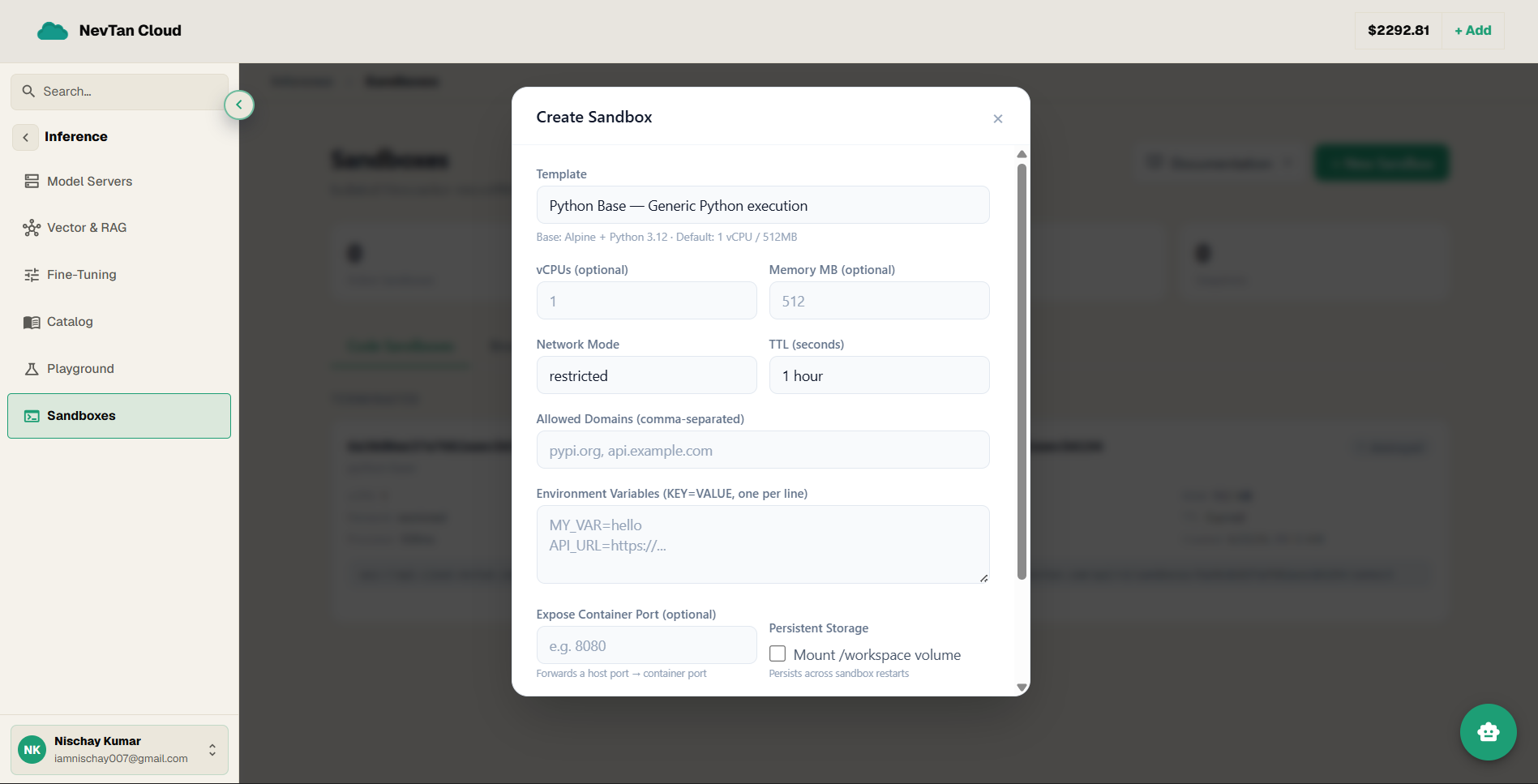 The New Sandbox dialog with template, resources, network mode, TTL, and storage options