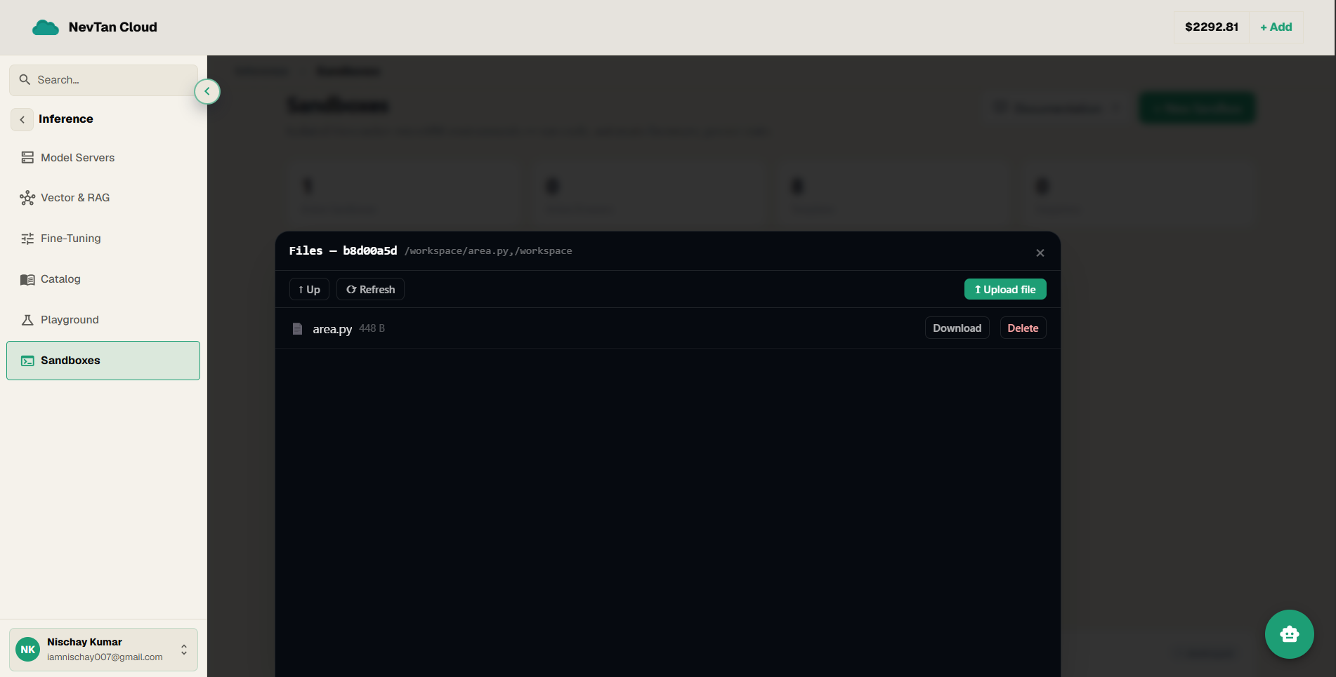 The sandbox file browser showing the directory tree and file actions