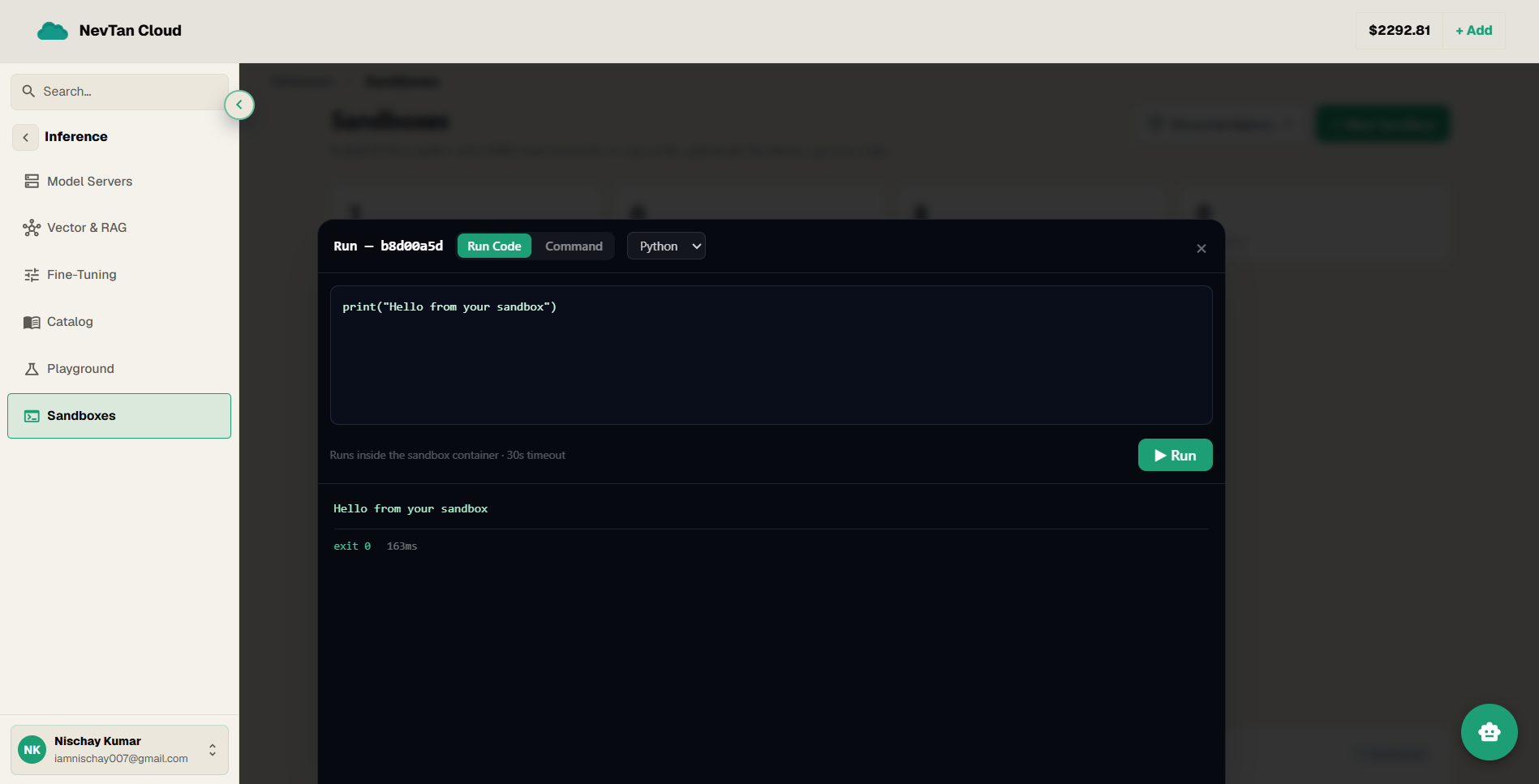 A sandbox console with a code editor and an output panel