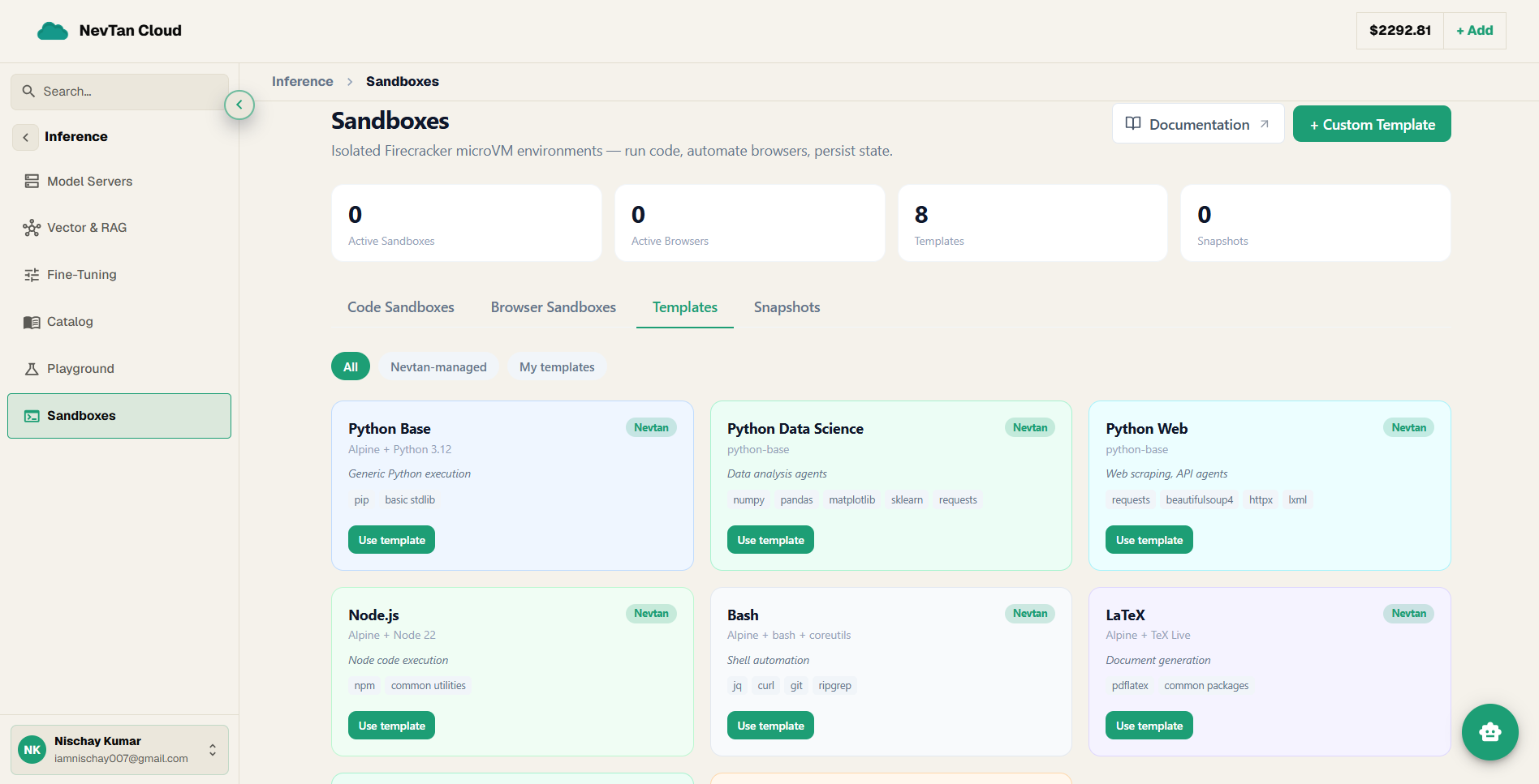 The sandbox Templates gallery showing the built-in templates