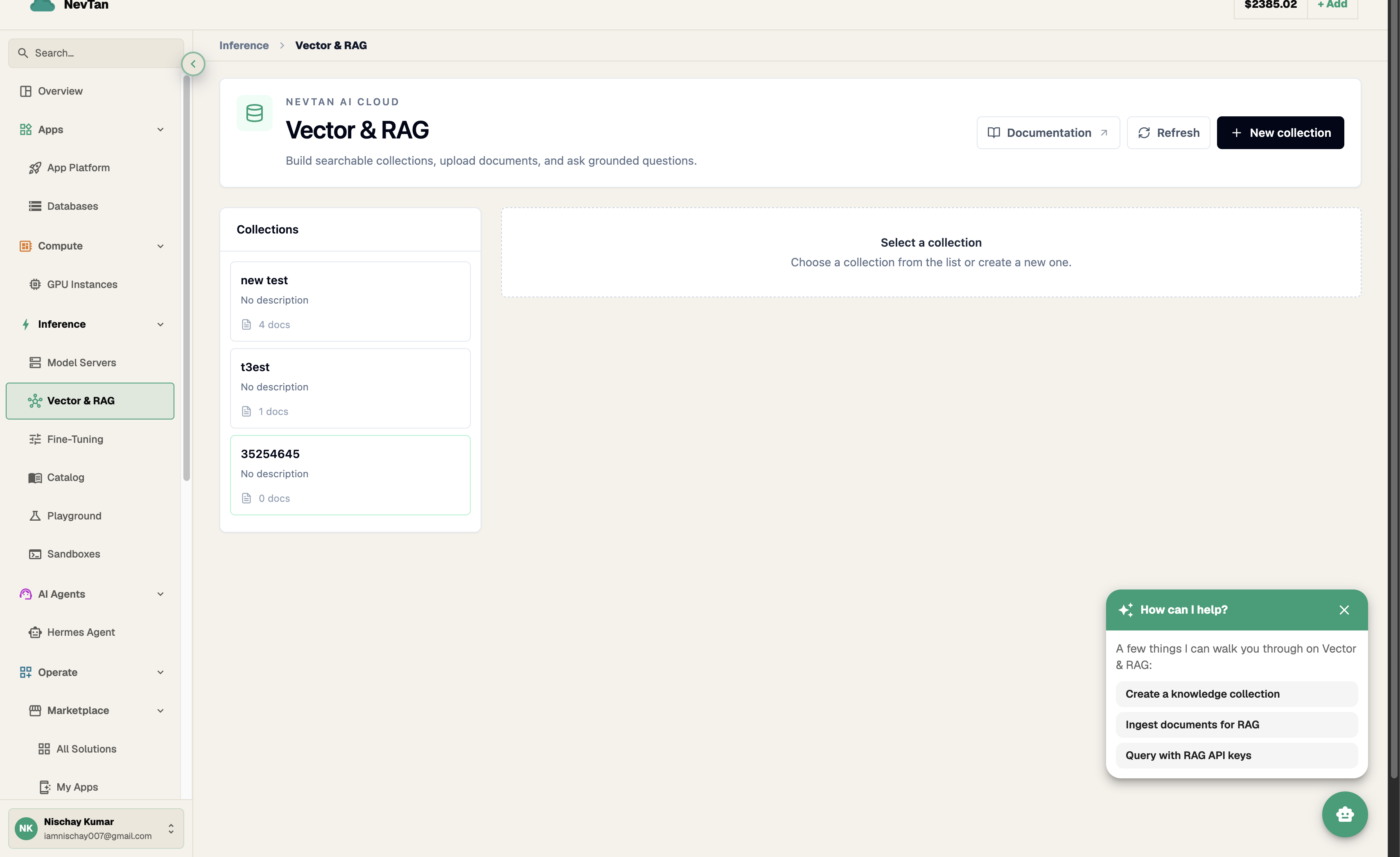 Vector & RAG console showing a list of collections with document counts