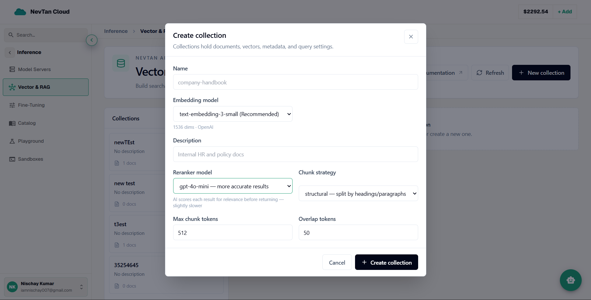 The full Create Collection form showing name, embedding model, reranker, and chunk strategy fields