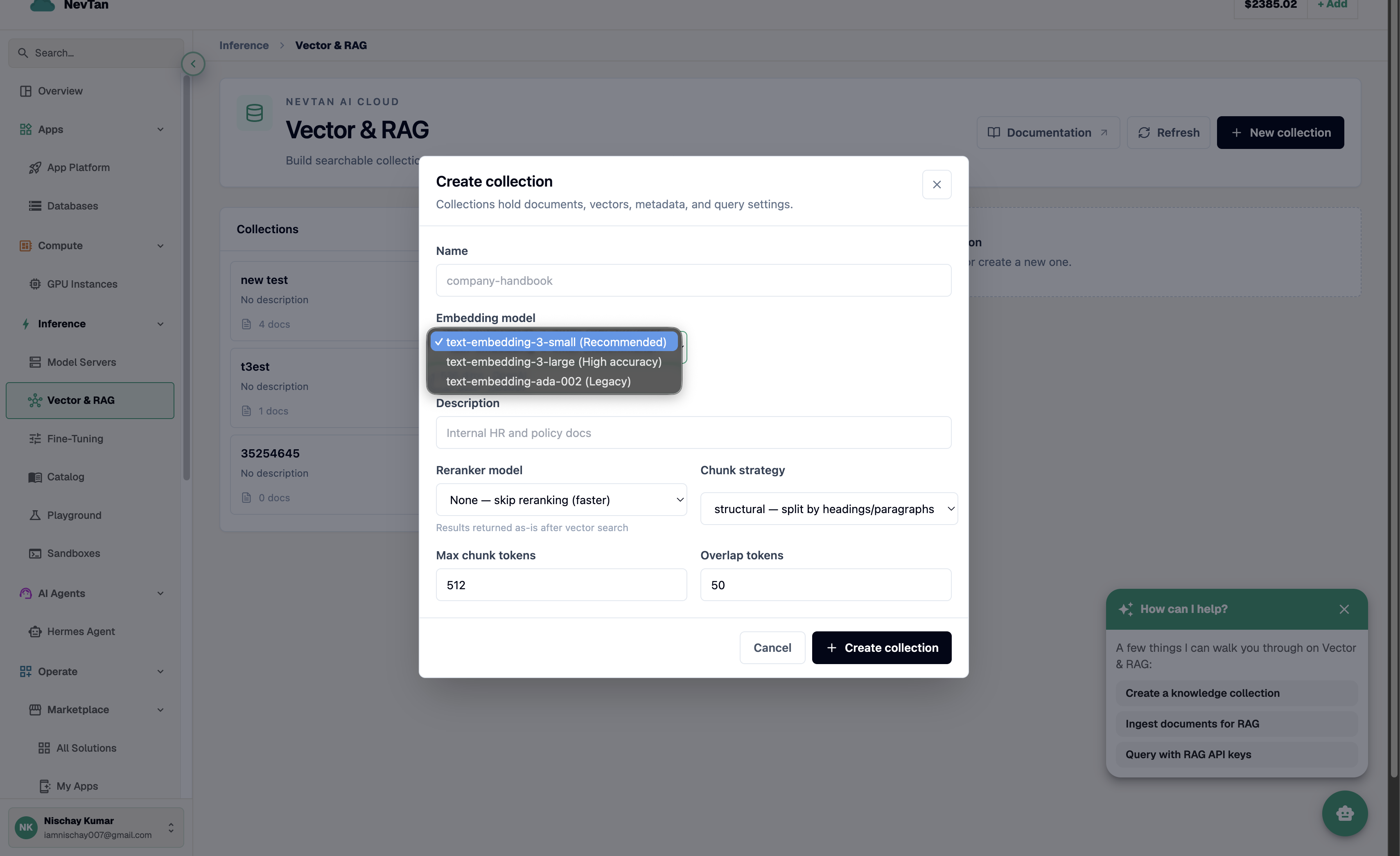 Embedding model dropdown showing text-embedding-3-small, large, and legacy options