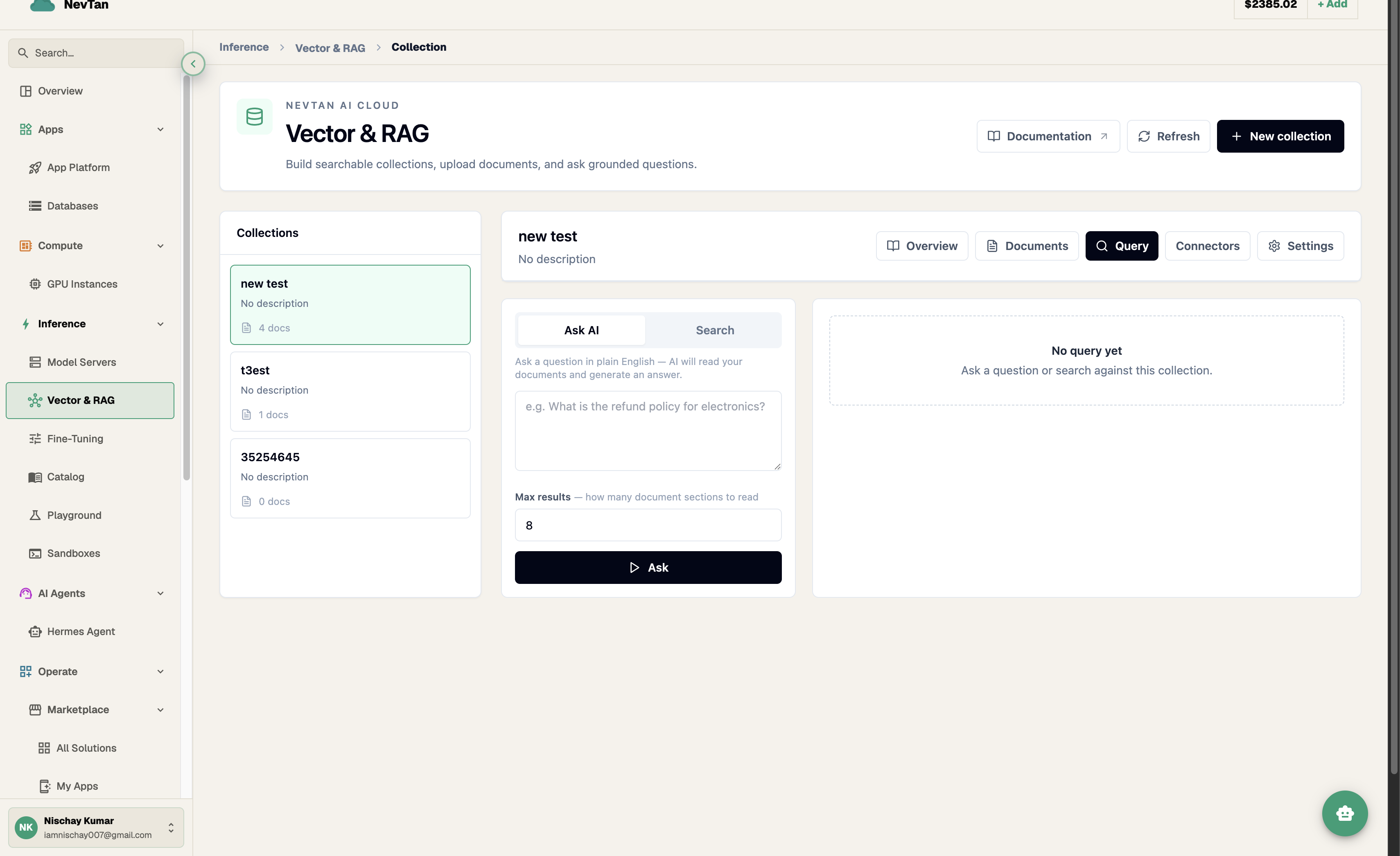 Query tab with Ask AI and Search modes, a question field, and max results setting